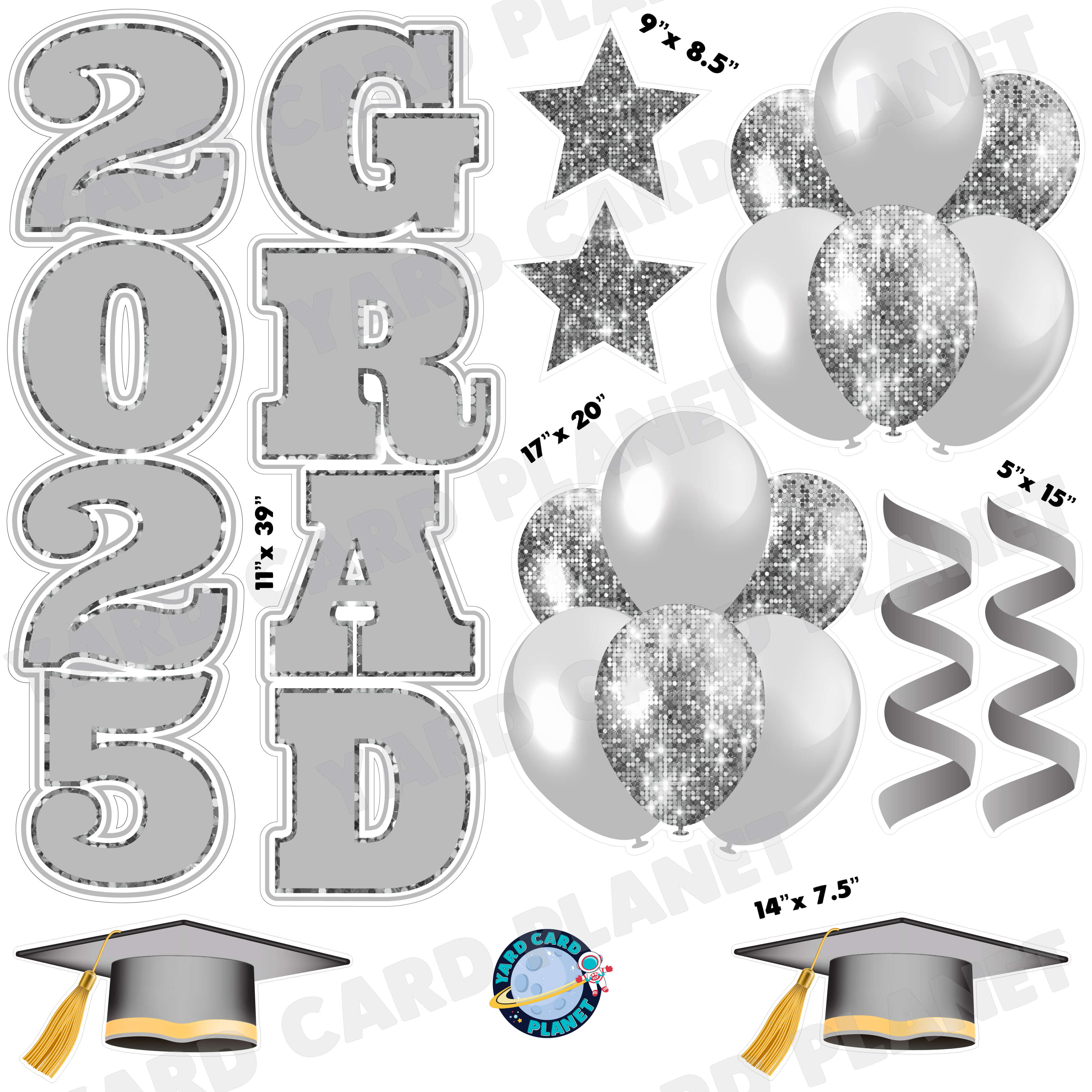 Silver Solid and Sequin Pattern 2025 Grad EZ Quick Vertical Towers and Matching Flair Half Sheet Yard Card Flair Set