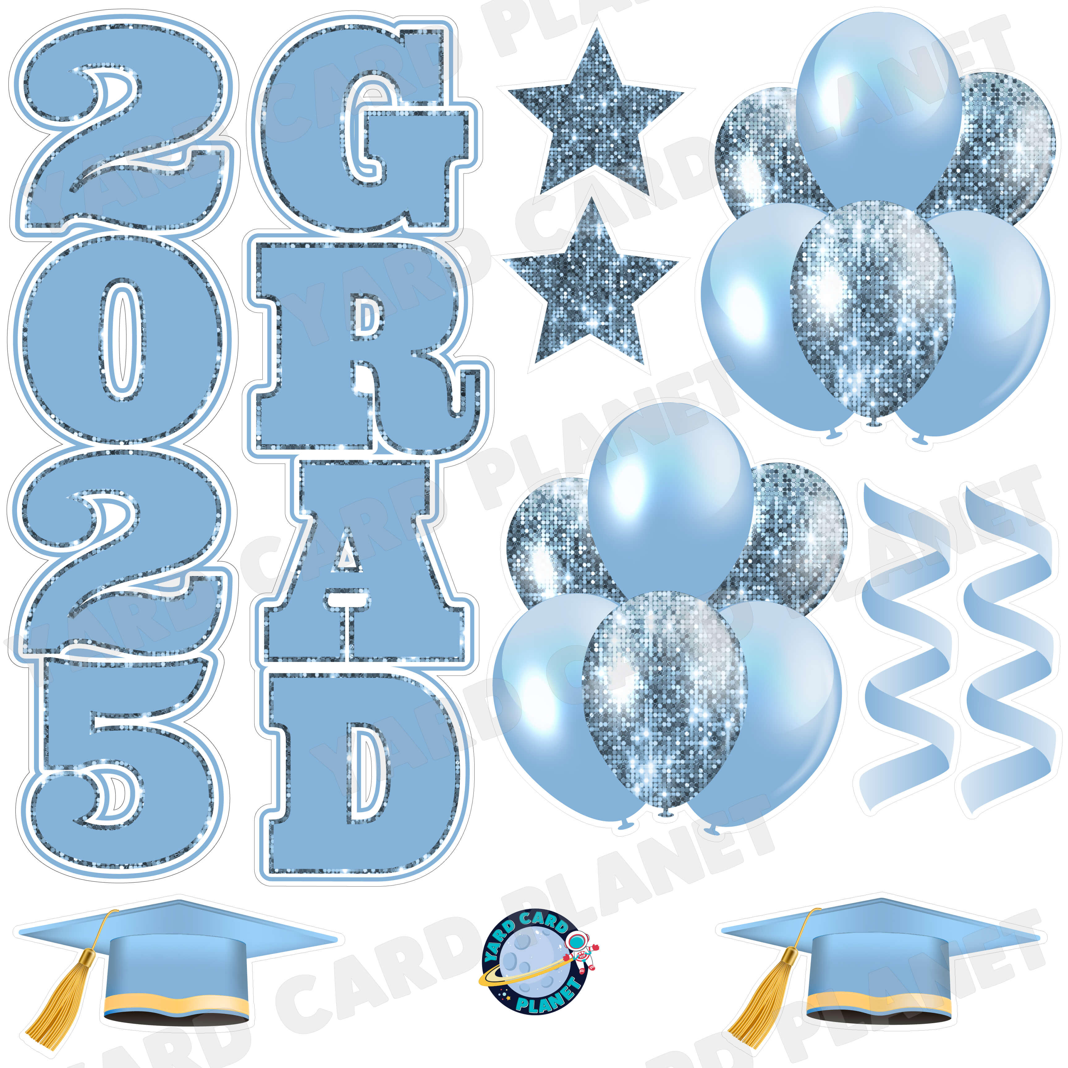 Baby Blue Solid and Sequin Pattern 2025 Grad EZ Quick Vertical Towers and Matching Flair Half Sheet Yard Card Flair Set