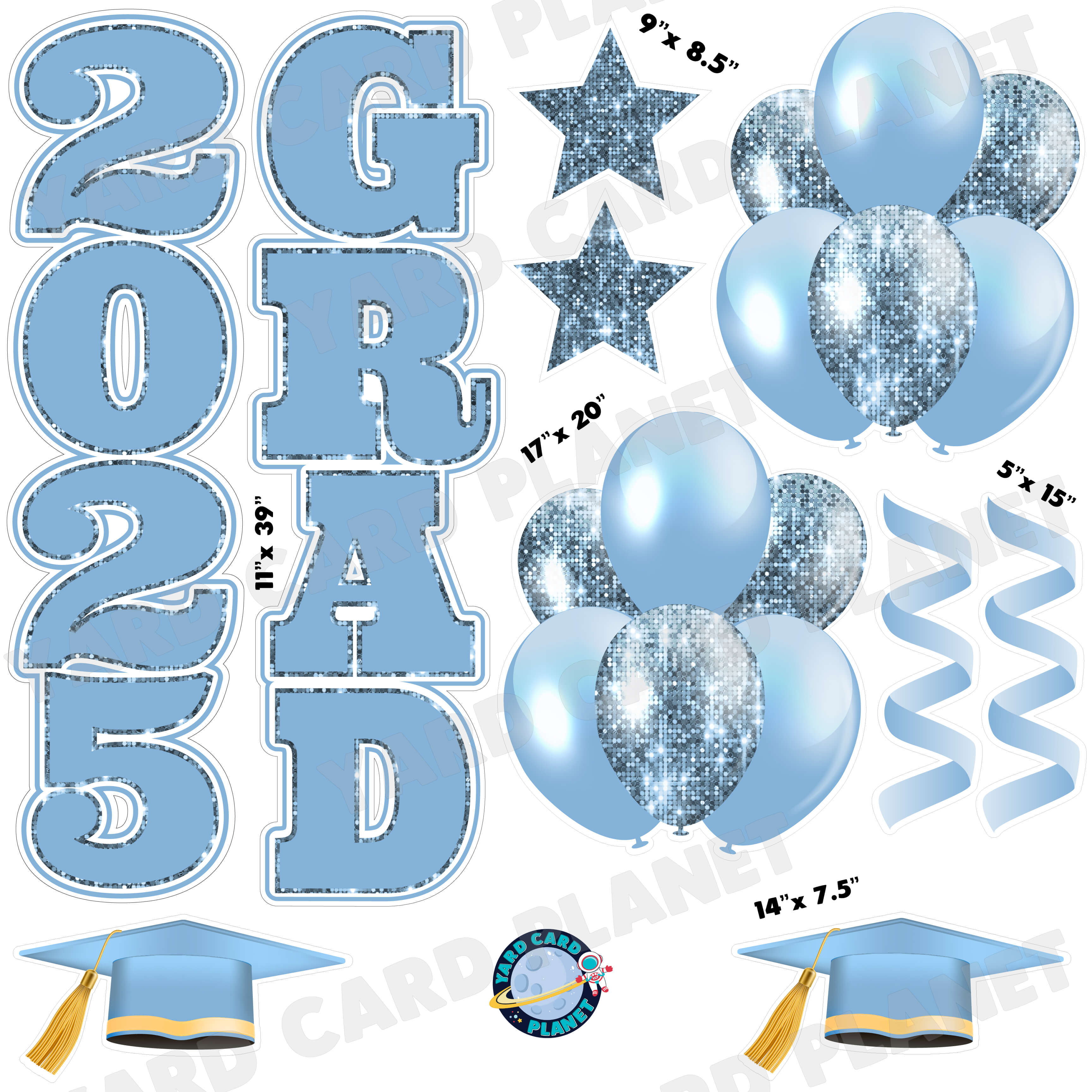 Baby Blue Solid and Sequin Pattern 2025 Grad EZ Quick Vertical Towers and Matching Flair Half Sheet Yard Card Flair Set