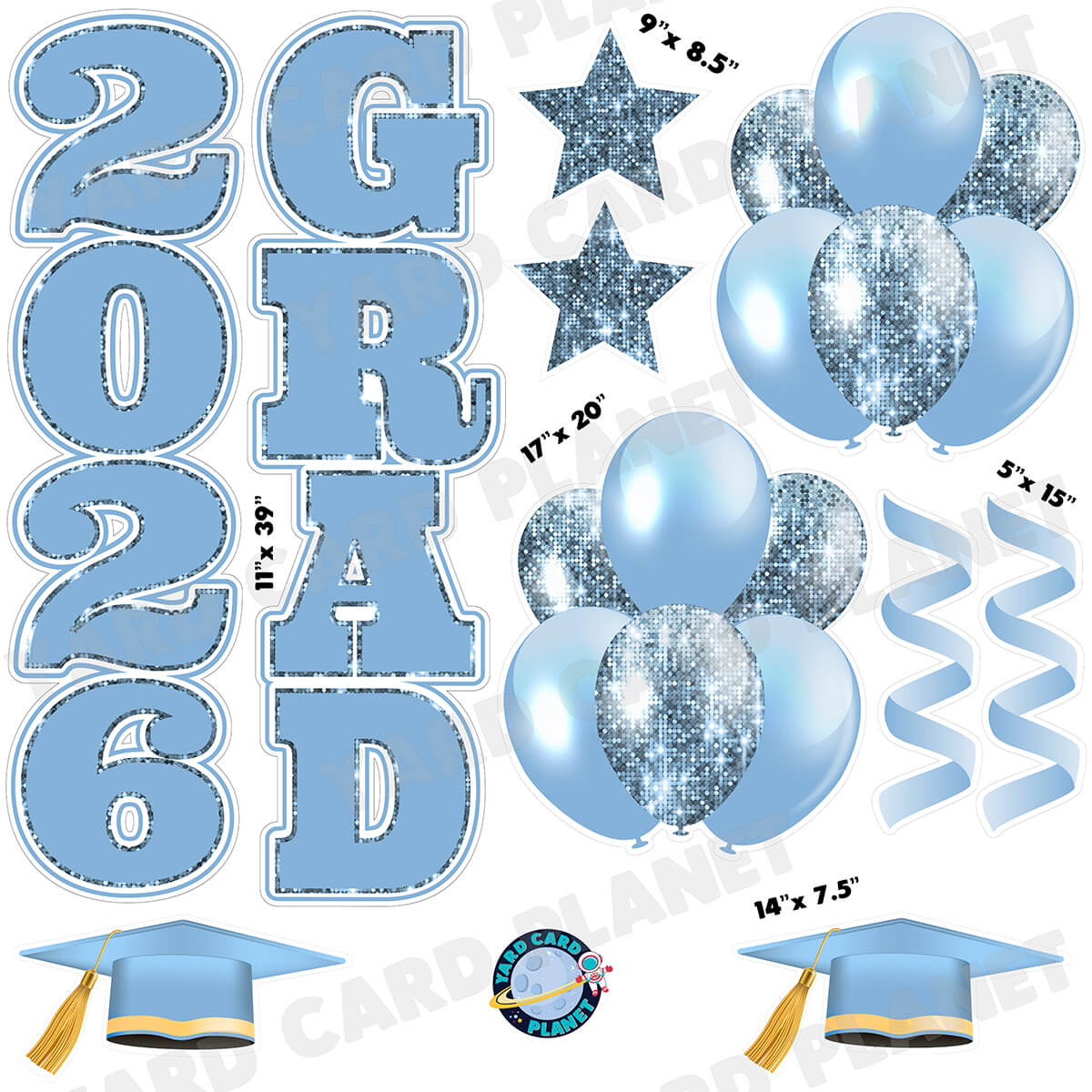 Baby Blue Solid and Sequin Pattern 2026 Grad EZ Quick Vertical Towers and Matching Flair Half Sheet Yard Card Flair Set