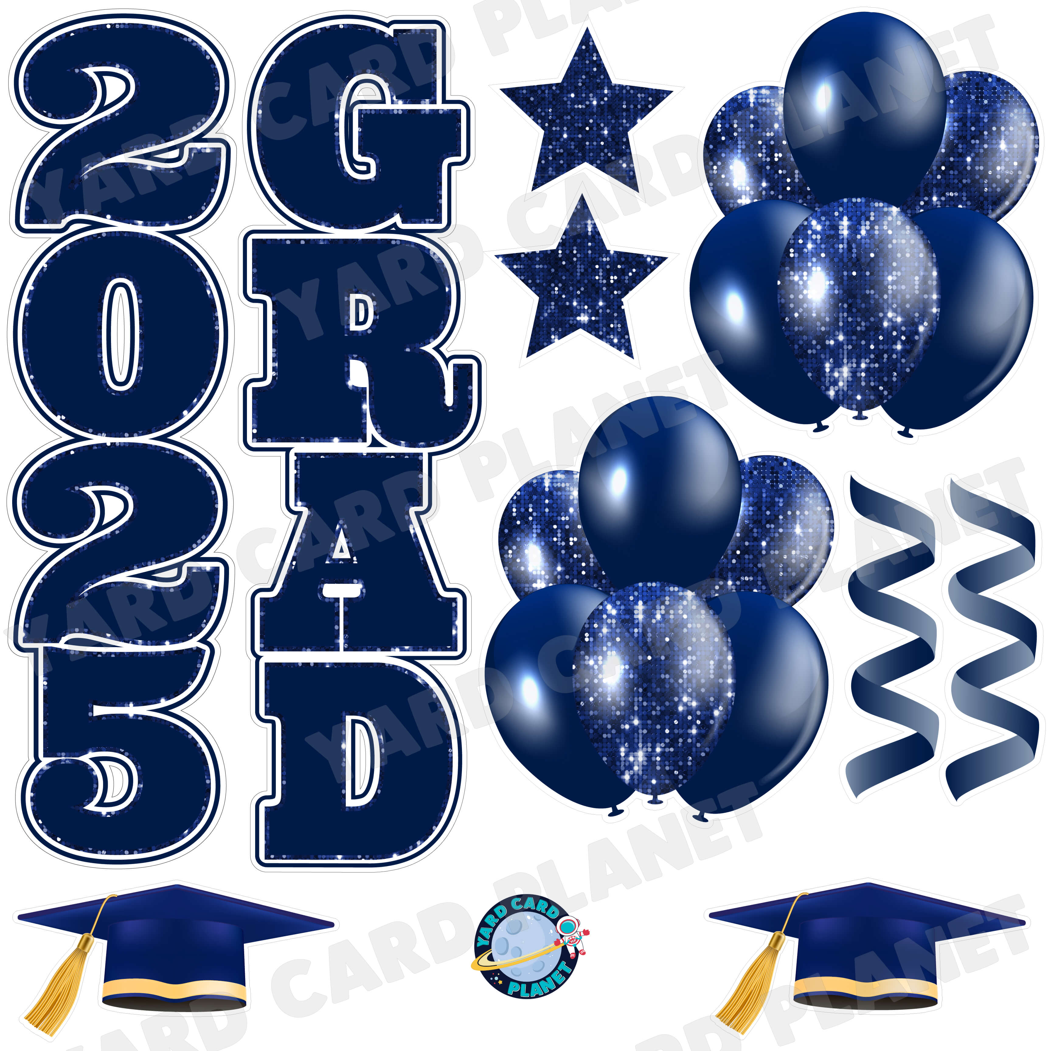Navy Blue Solid and Sequin Pattern 2025 Grad EZ Quick Vertical Towers and Matching Flair Half Sheet Yard Card Flair Set