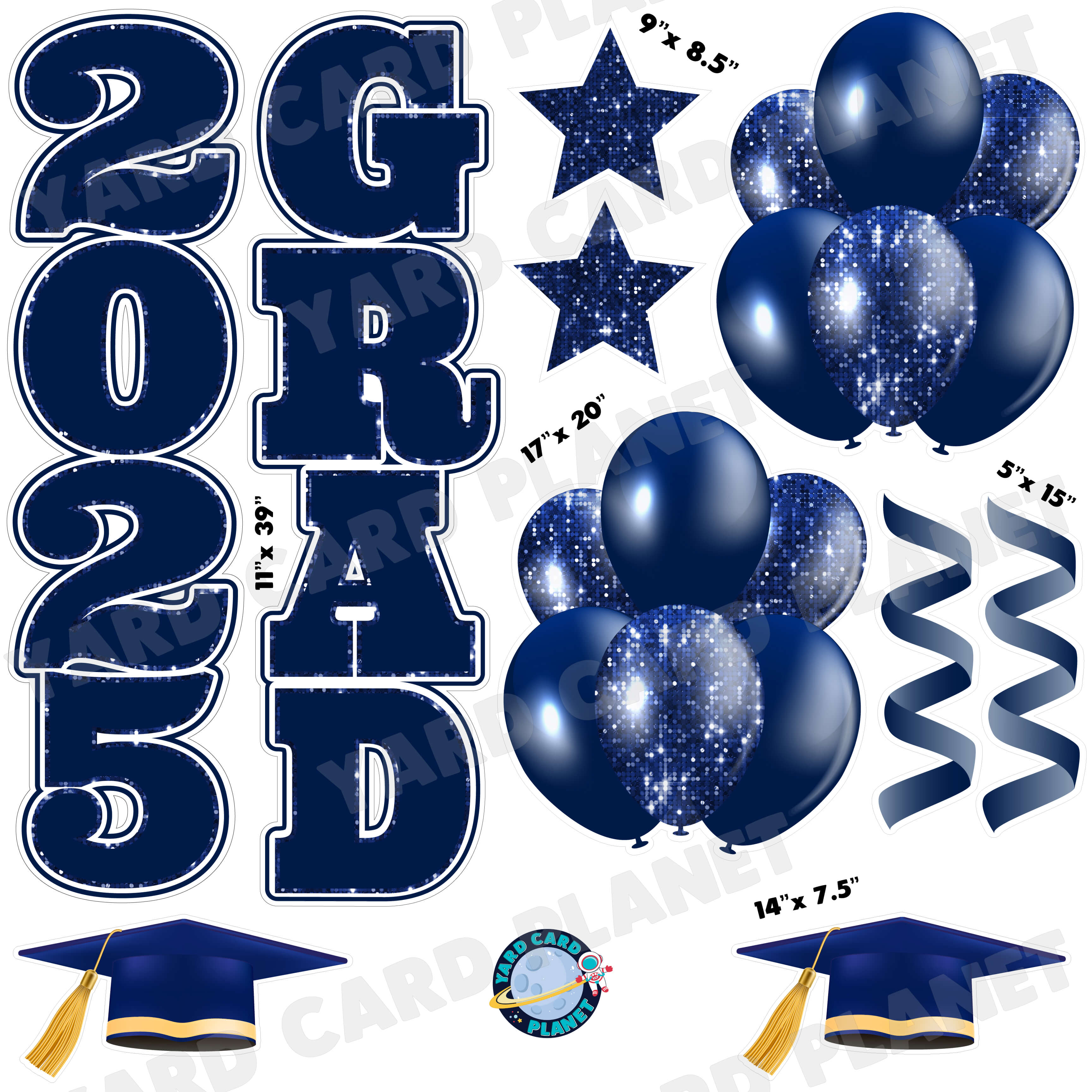 Navy Blue Solid and Sequin Pattern 2025 Grad EZ Quick Vertical Towers and Matching Flair Half Sheet Yard Card Flair Set