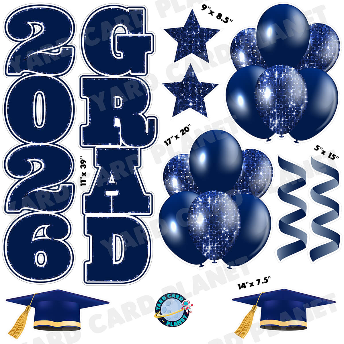 Navy Blue Solid and Sequin Pattern 2026 Grad EZ Quick Vertical Towers and Matching Flair Half Sheet Yard Card Flair Set