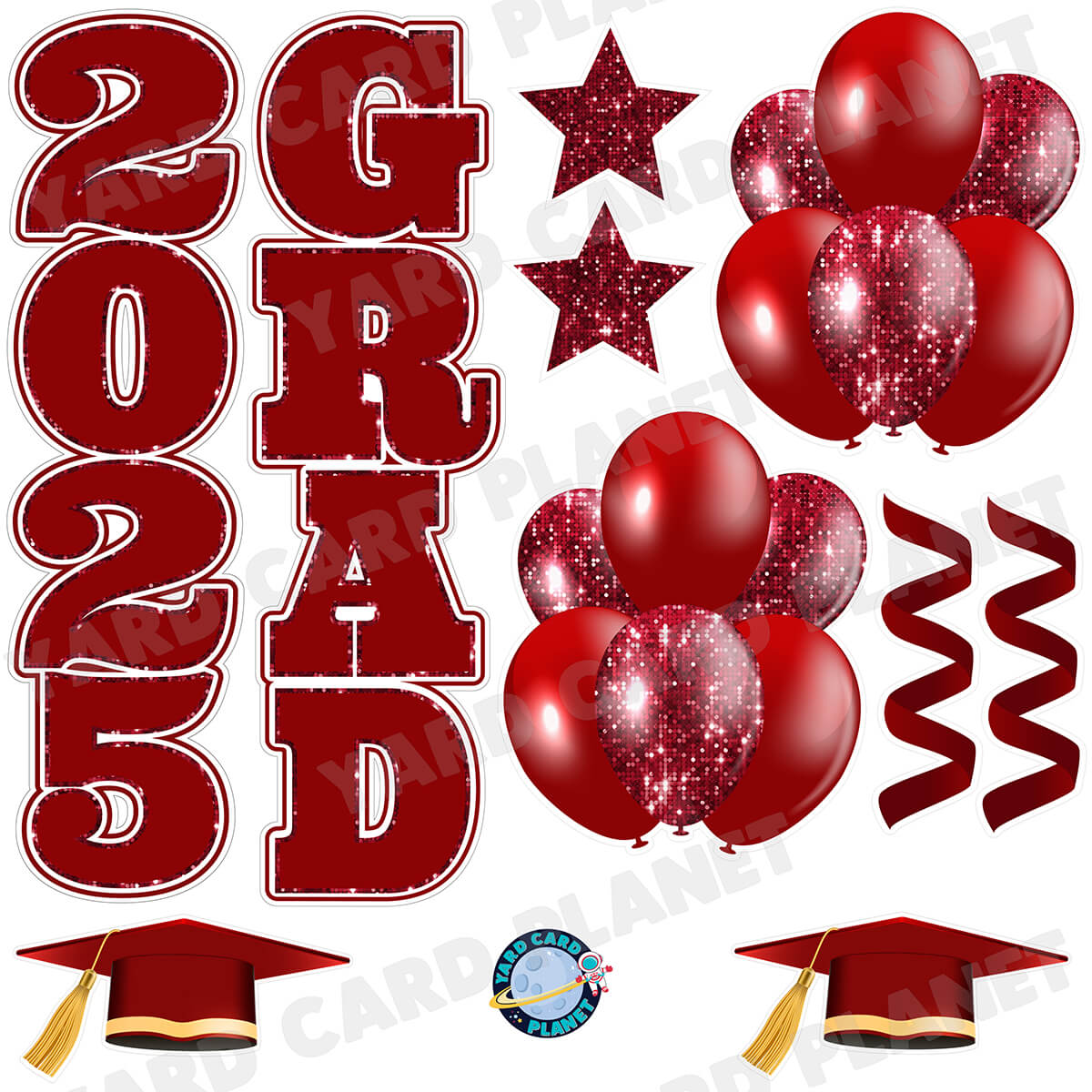 Maroon Solid and Sequin Pattern 2025 Grad EZ Quick Vertical Towers and Matching Flair Half Sheet Yard Card Flair Set