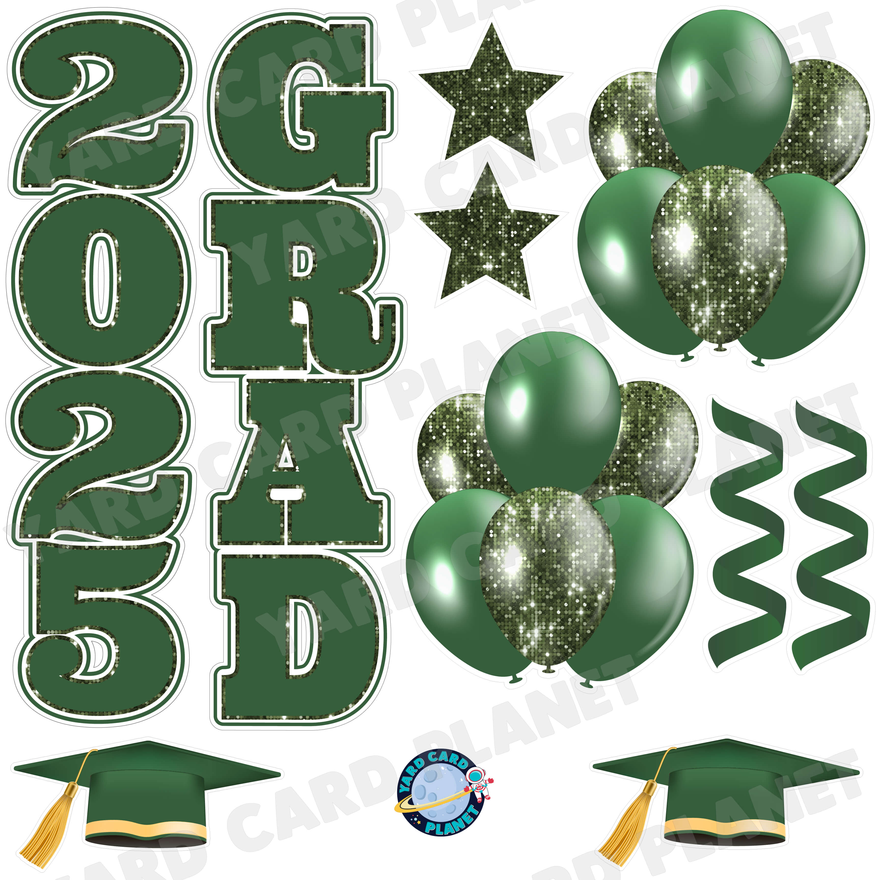 Hunter Green Solid and Sequin Pattern 2025 Grad EZ Quick Vertical Towers and Matching Flair Half Sheet Yard Card Flair Set