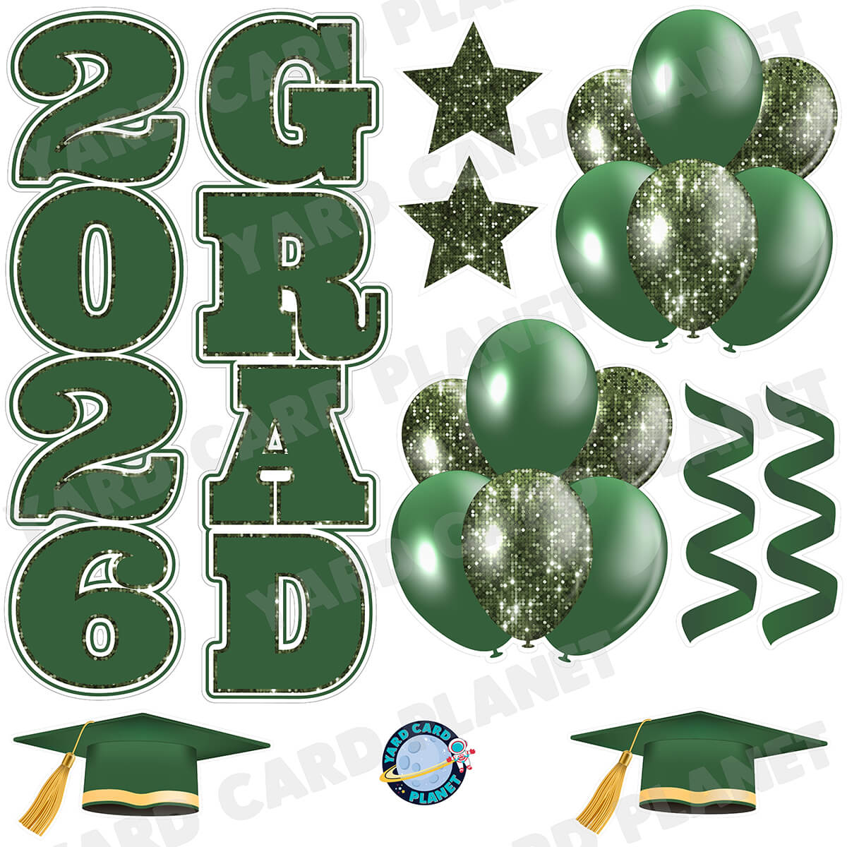 Hunter Green Solid and Sequin Pattern 2026 Grad EZ Quick Vertical Towers and Matching Flair Half Sheet Yard Card Flair Set
