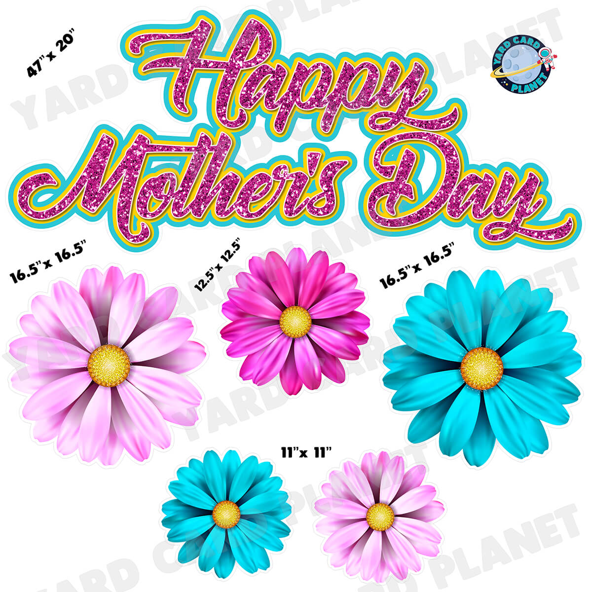 Glitter Pattern Happy Mother's Day EZ Quick Sign and Daisies Half Sheet Yard Card Flair Set