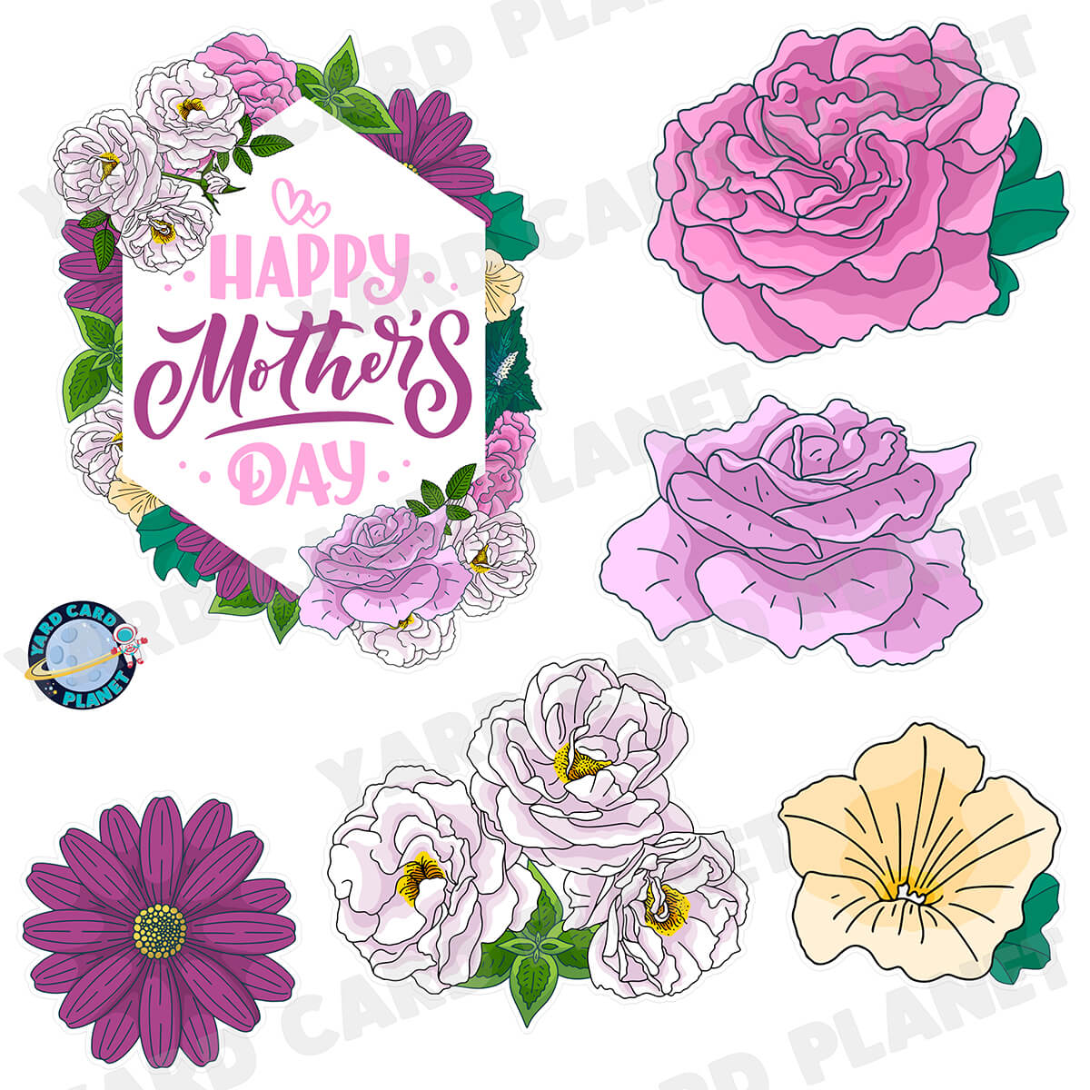 Happy Mother's Day Floral Sign Half Sheet Yard Card Flair Set
