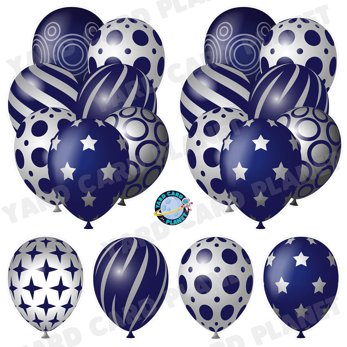 Navy Blue and Silver Elegant Metallic Balloons Bouquets and Singles Half Sheet Yard Card Set