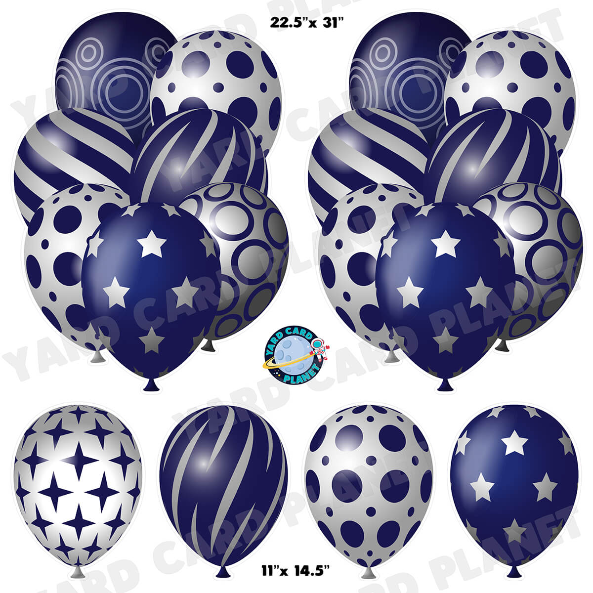Navy Blue and Silver Elegant Metallic Balloons Bouquets and Singles Half Sheet Yard Card Set