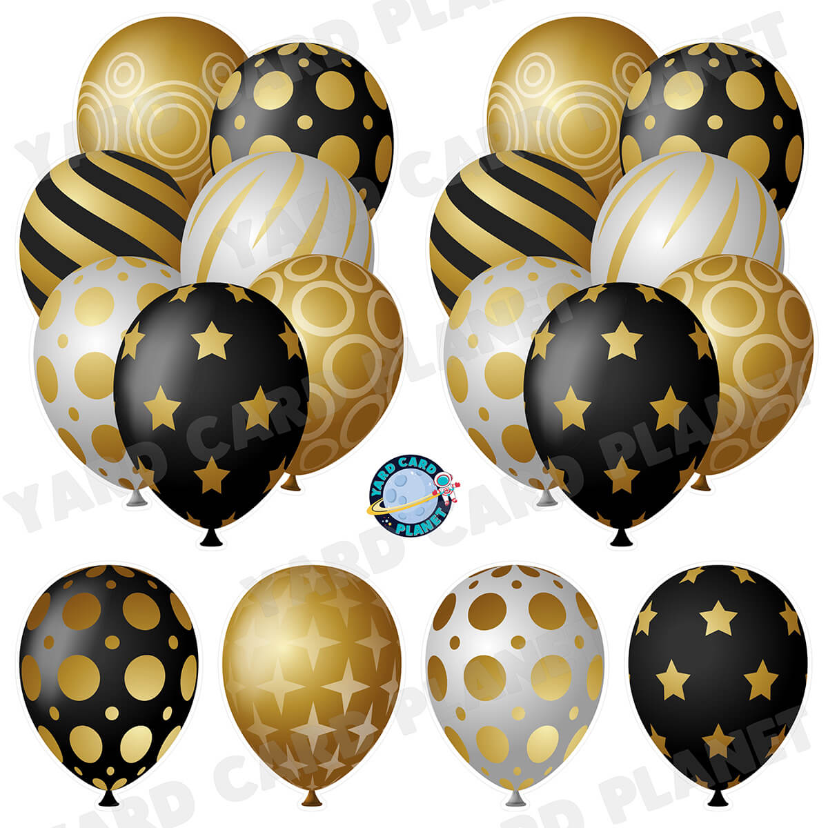 Black, Gold and Silver Elegant Metallic Balloons Bouquets and Singles Half Sheet Yard Card Set
