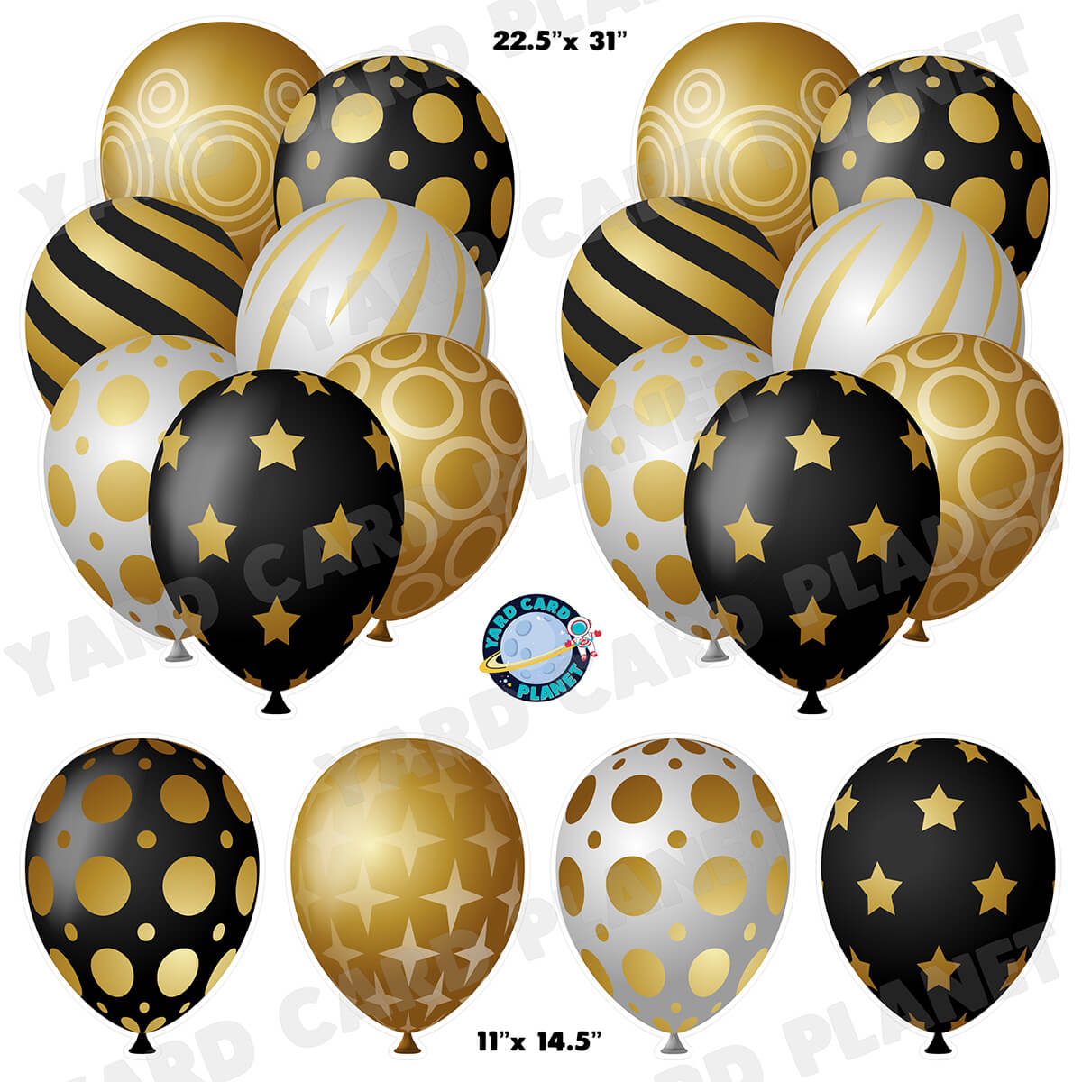 Black, Gold and Silver Elegant Metallic Balloons Bouquets and Singles Half Sheet Yard Card Set