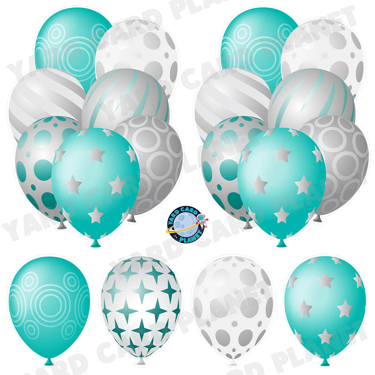 Teal and Silver Elegant Metallic Balloons Bouquets and Singles Half Sheet Yard Card Set