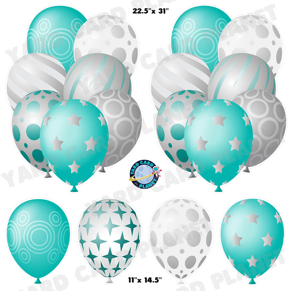 Teal and Silver Elegant Metallic Balloons Bouquets and Singles Half Sheet Yard Card Set