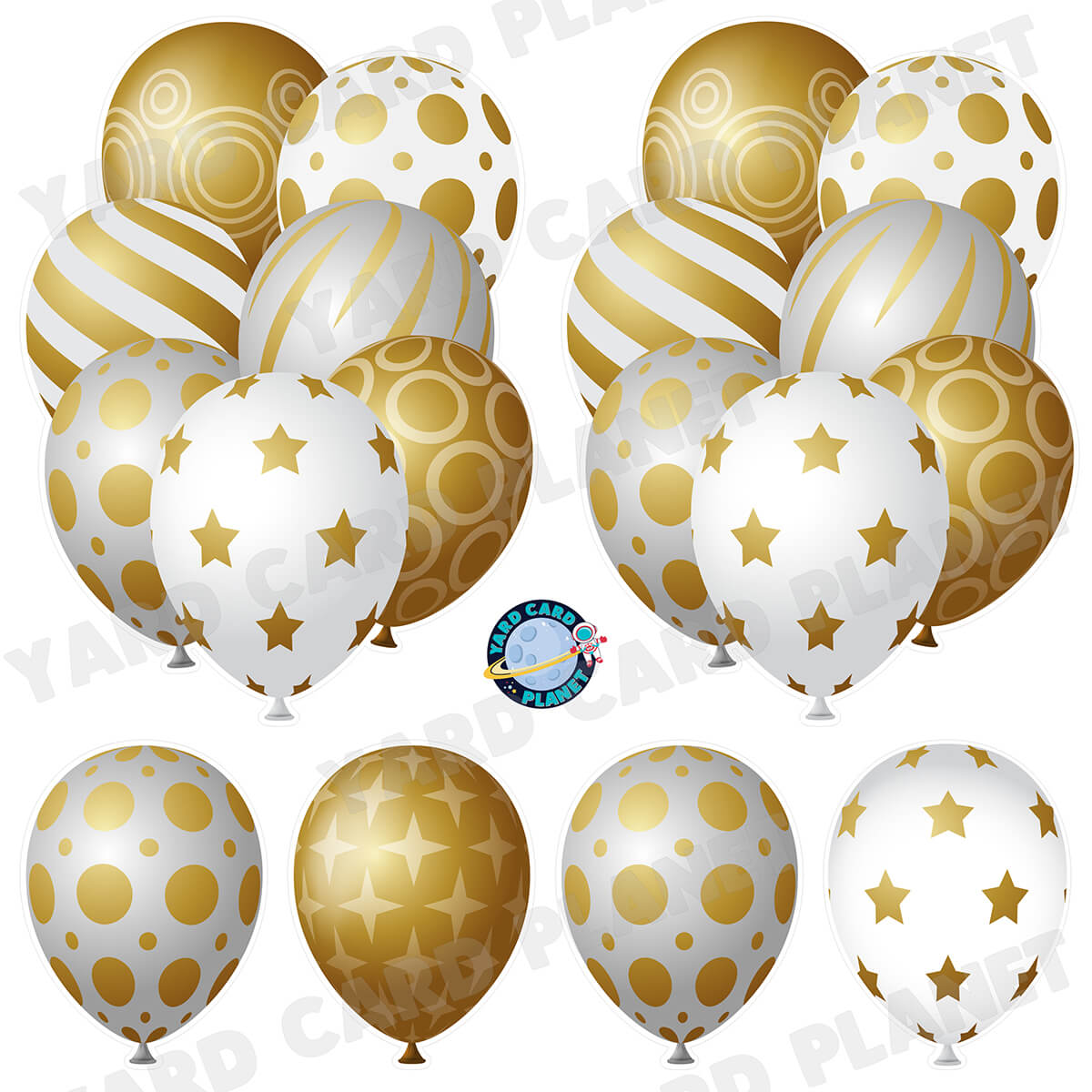 White, Gold and Silver Elegant Metallic Balloons Bouquets and Singles Half Sheet Yard Card Set