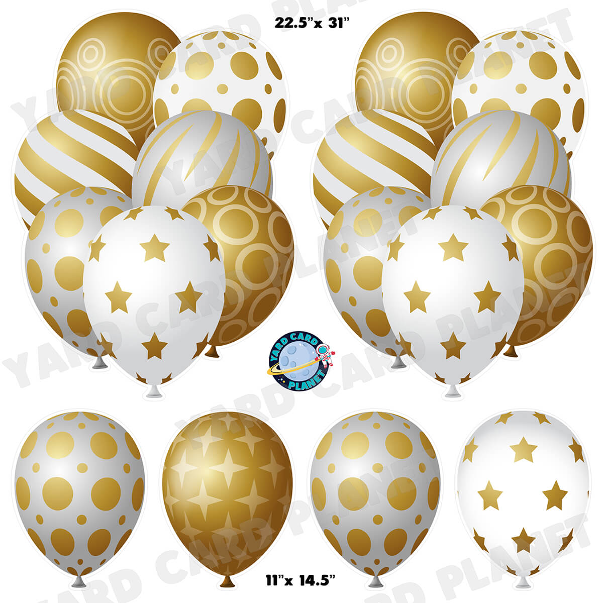 White, Gold and Silver Elegant Metallic Balloons Bouquets and Singles Half Sheet Yard Card Set