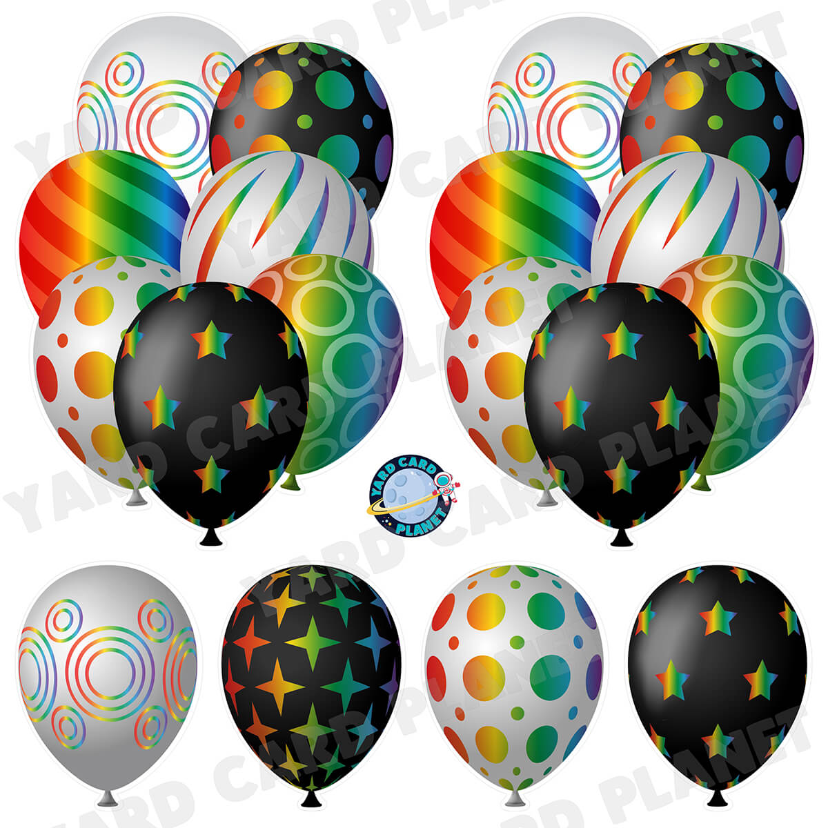 Black and Bright Rainbow Elegant Metallic Balloons Bouquets and Singles Half Sheet Yard Card Set