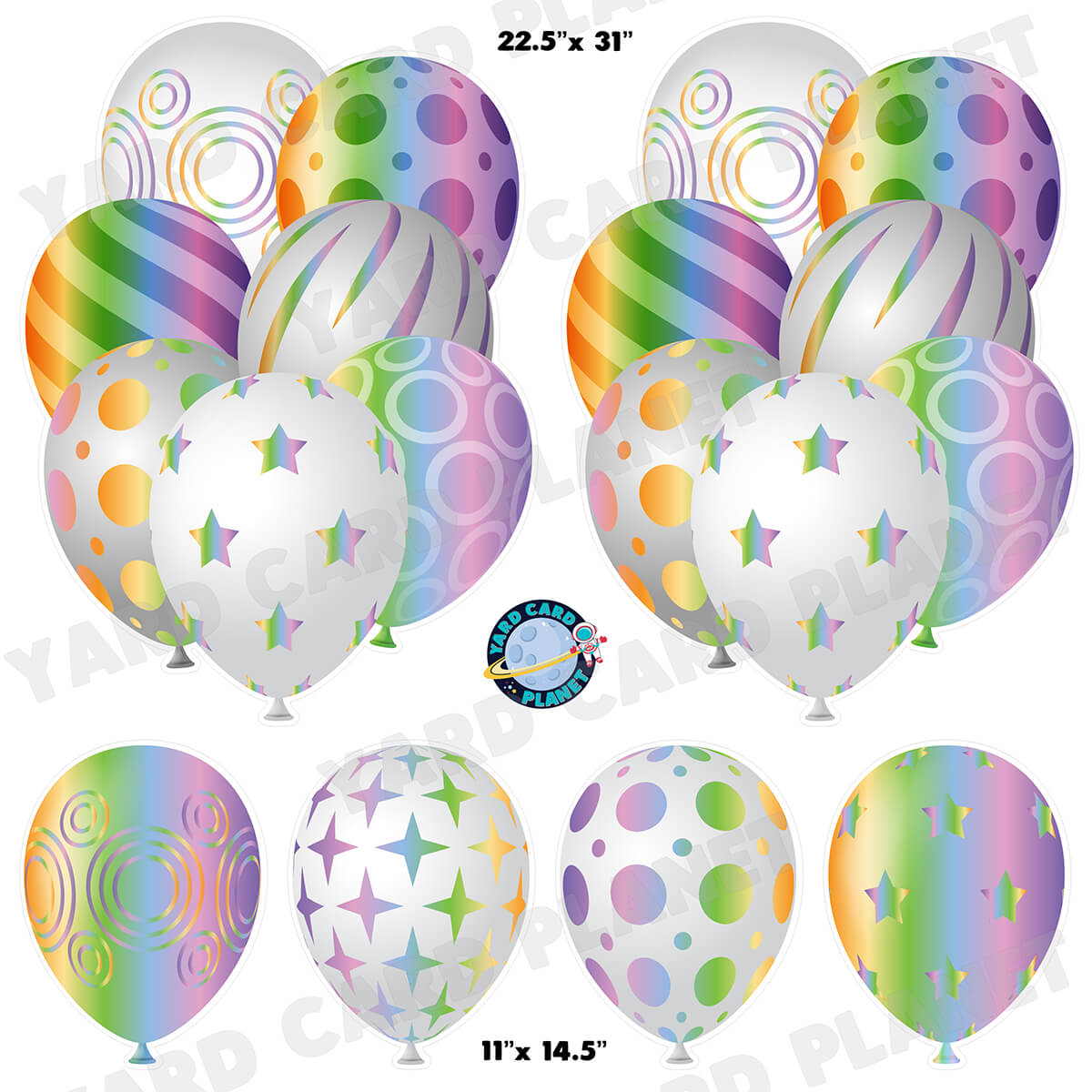 White and Pastel Rainbow Elegant Metallic Balloons Bouquets and Singles Half Sheet Yard Card