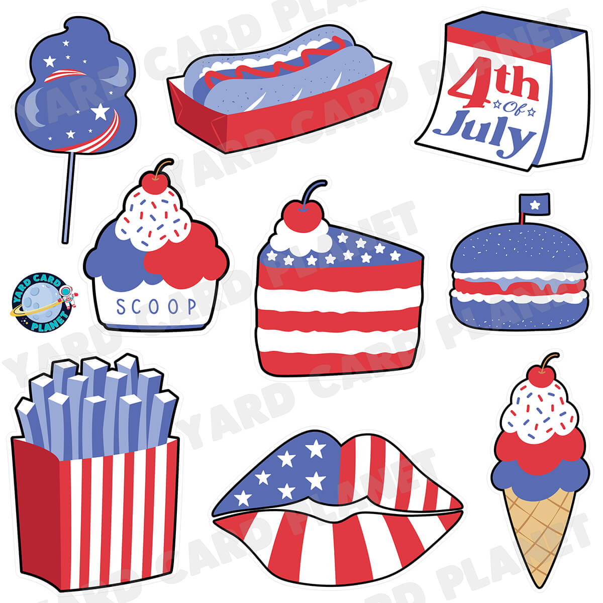 4th of July Independence Day Yummy Snacks Half Sheet Yard Card Flair Set
