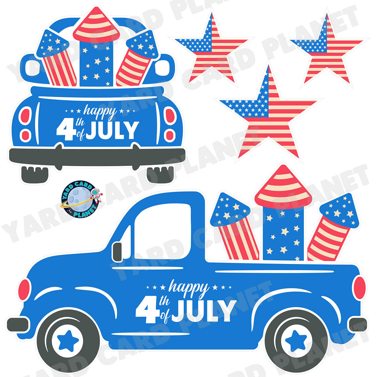 4th of July Independence Day Fireworks Pickup Truck and Stars Half Sheet Yard Card Flair Set