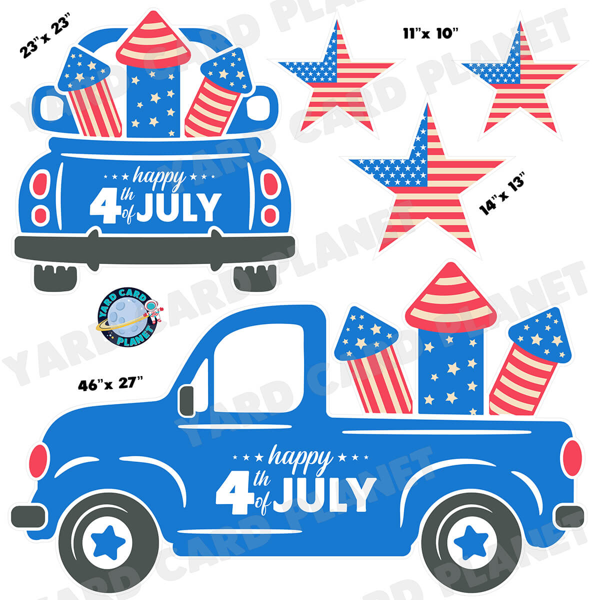 4th of July Independence Day Fireworks Pickup Truck and Stars Half Sheet Yard Card Flair Set