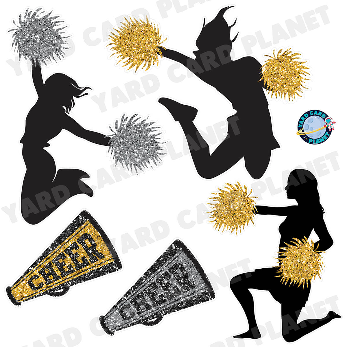 Cheerleading Glittered and Silhouette Half Sheet Yard Card Flair Set