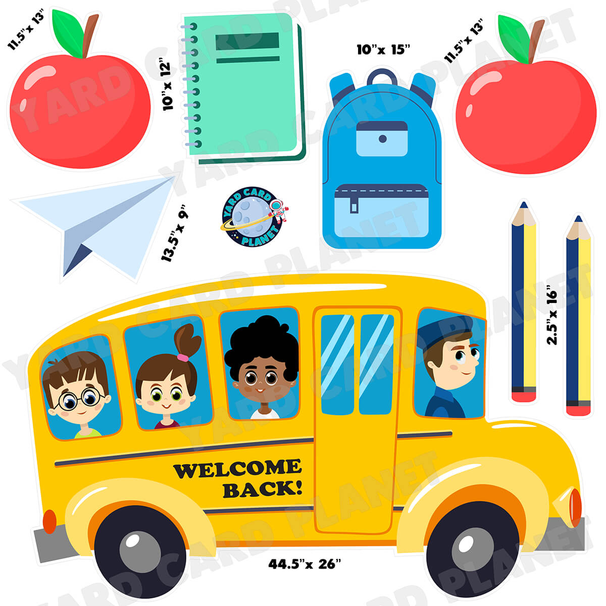 Welcome Back Bus and School Supplies Half Sheet Yard Card Flair Set