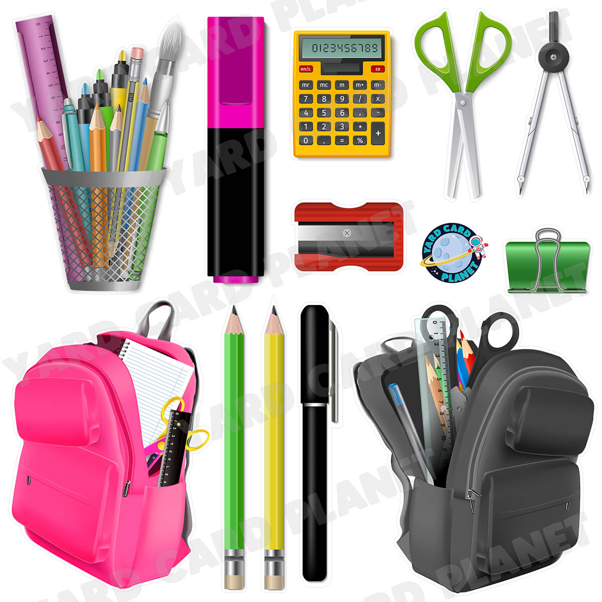 Realistic School Supplies Half Sheet Yard Card Flair Set
