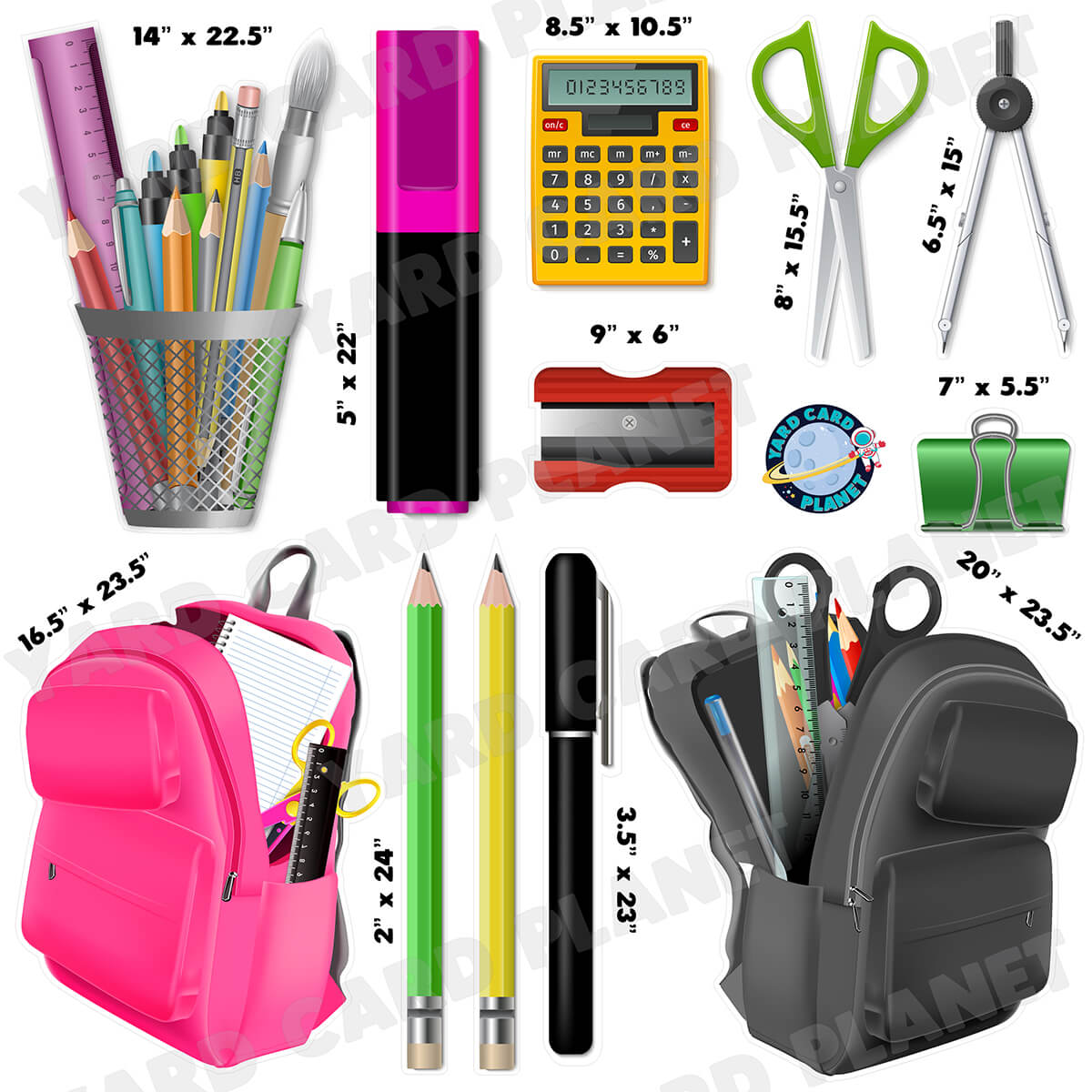 Realistic School Supplies Half Sheet Yard Card Flair Set