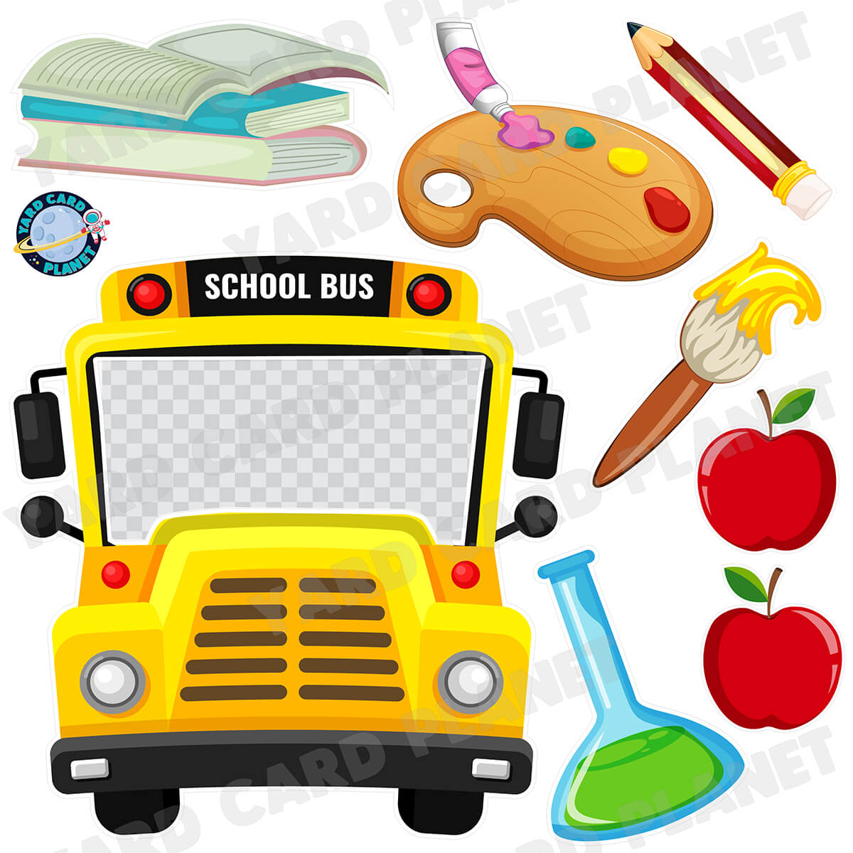 School Bus EZ Quick Frame and School Supplies Half Sheet Yard Card Flair Set