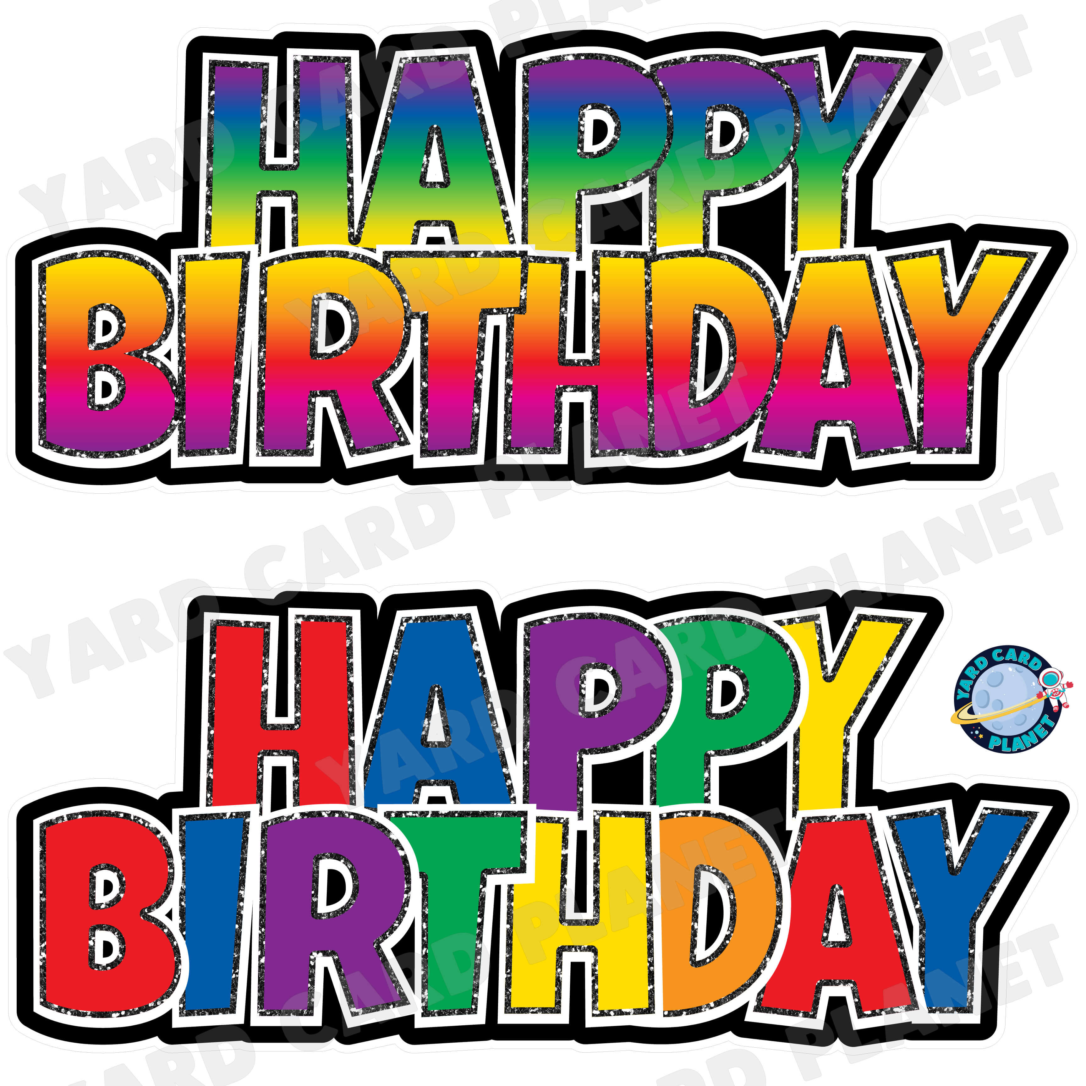 Happy Birthday Luckiest Guy EZ Quick Signs with Glitter Trim in Colorful Rainbow and Color Wheel Pattern Half Sheet Yard Card Set