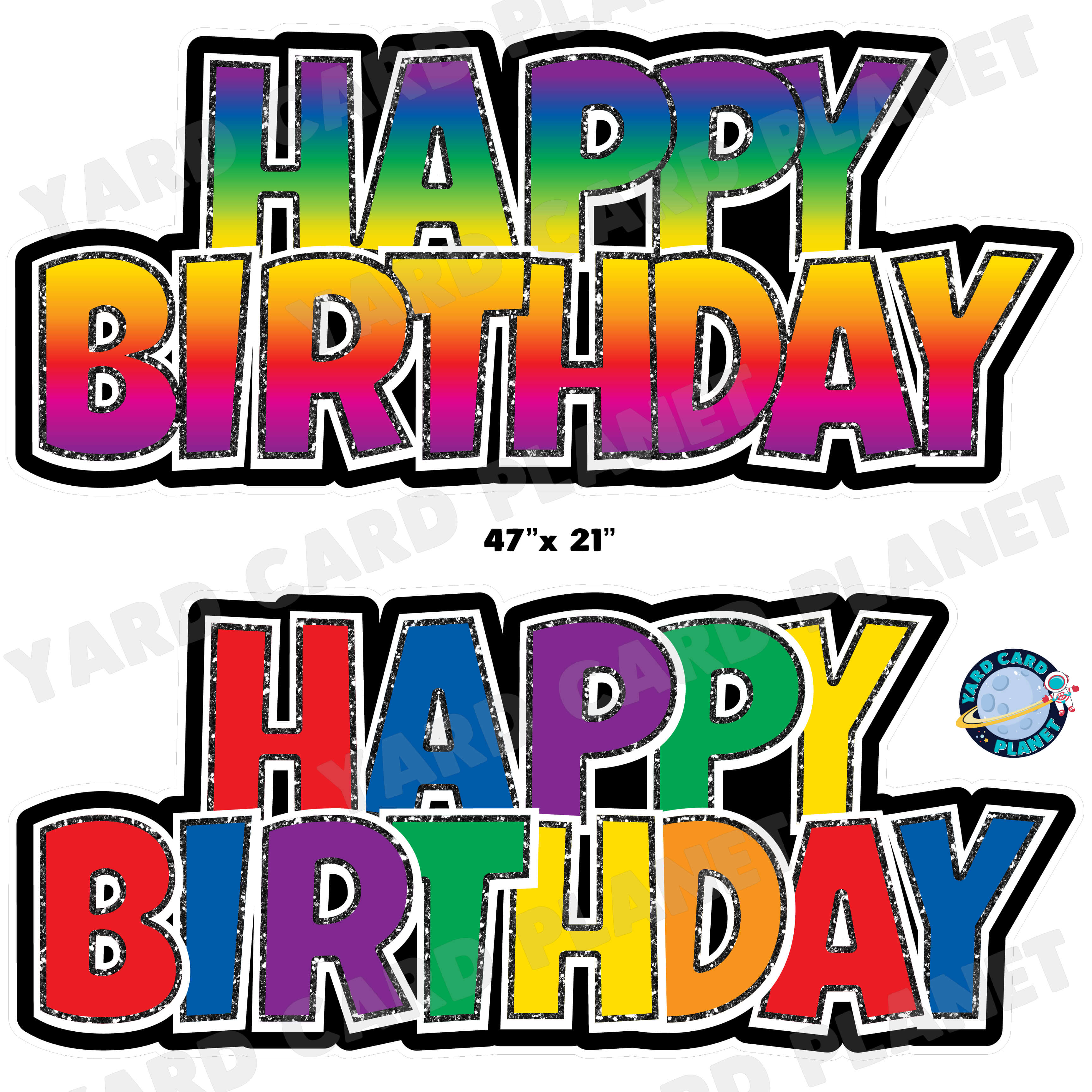 Happy Birthday Luckiest Guy EZ Quick Signs with Glitter Trim in Colorful Rainbow and Color Wheel Pattern Half Sheet Yard Card Set