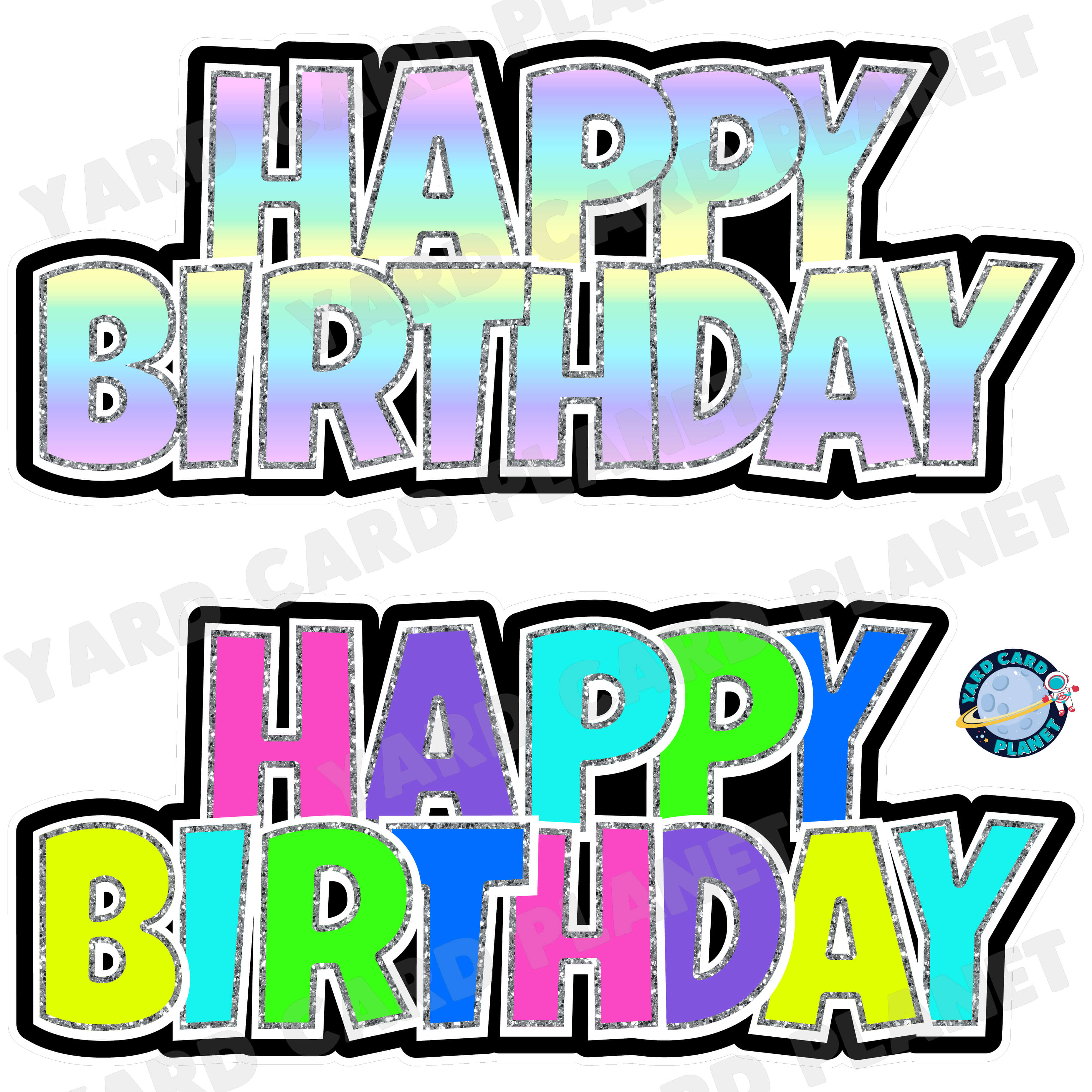 Happy Birthday Luckiest Guy EZ Quick Signs with Glitter Trim in Pastel Rainbow and Neon Rainbow Pattern Half Sheet Yard Card Set