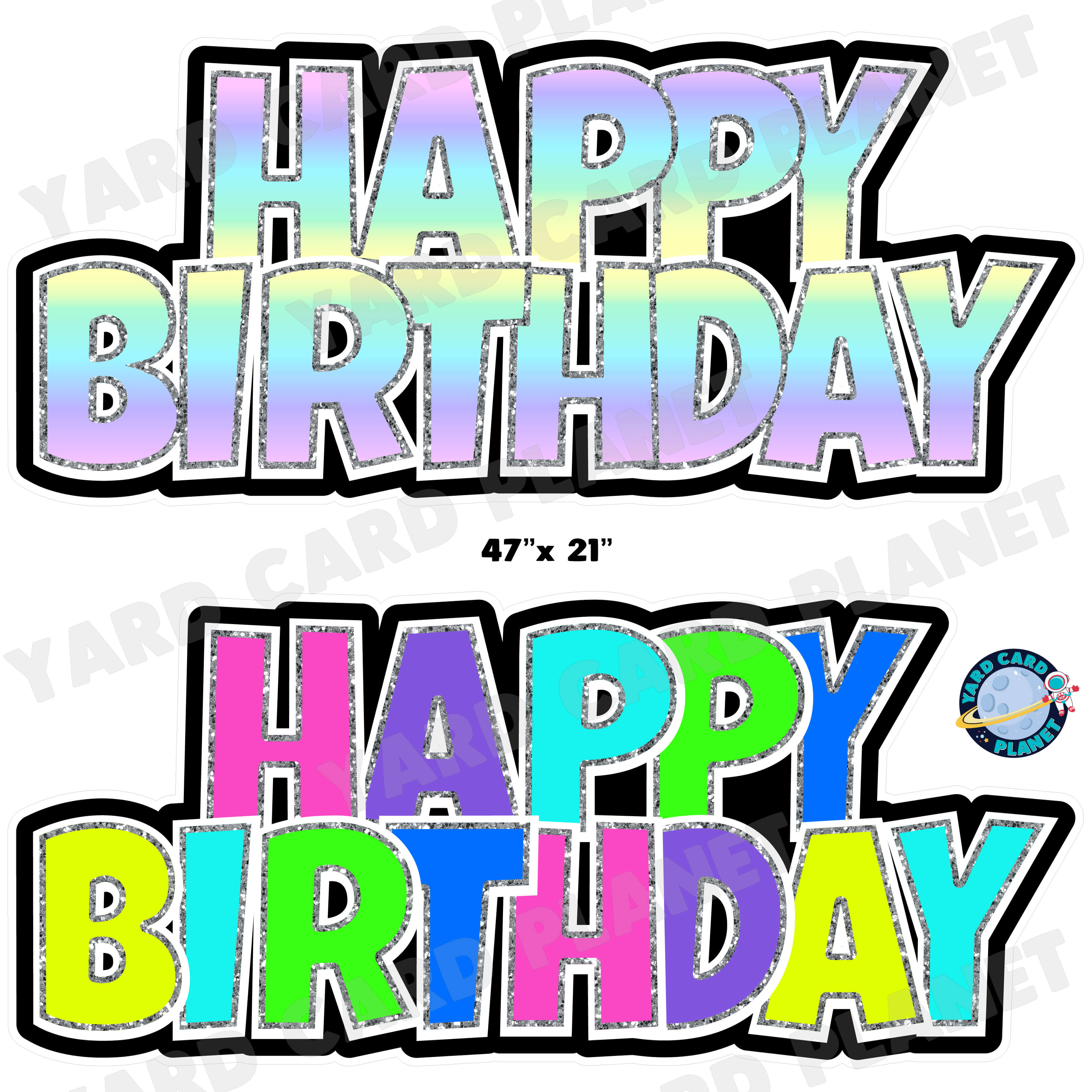 Happy Birthday Luckiest Guy EZ Quick Signs with Glitter Trim in Pastel Rainbow and Neon Rainbow Pattern Half Sheet Yard Card Set