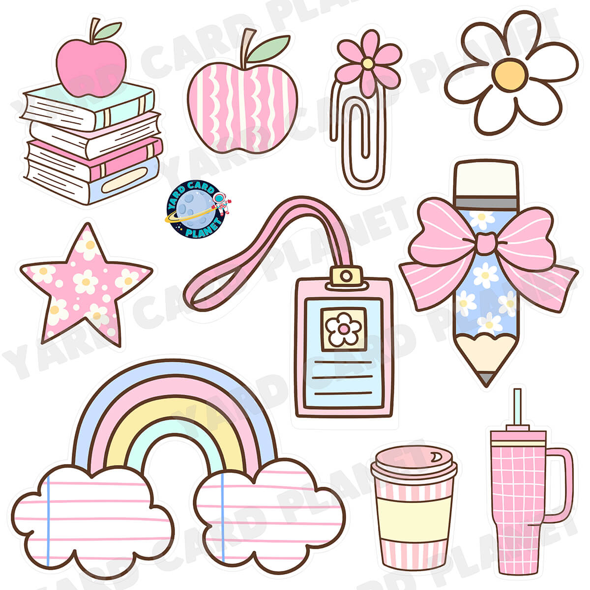 Preppy Pastel School Supplies Half Sheet Yard Card Flair Set