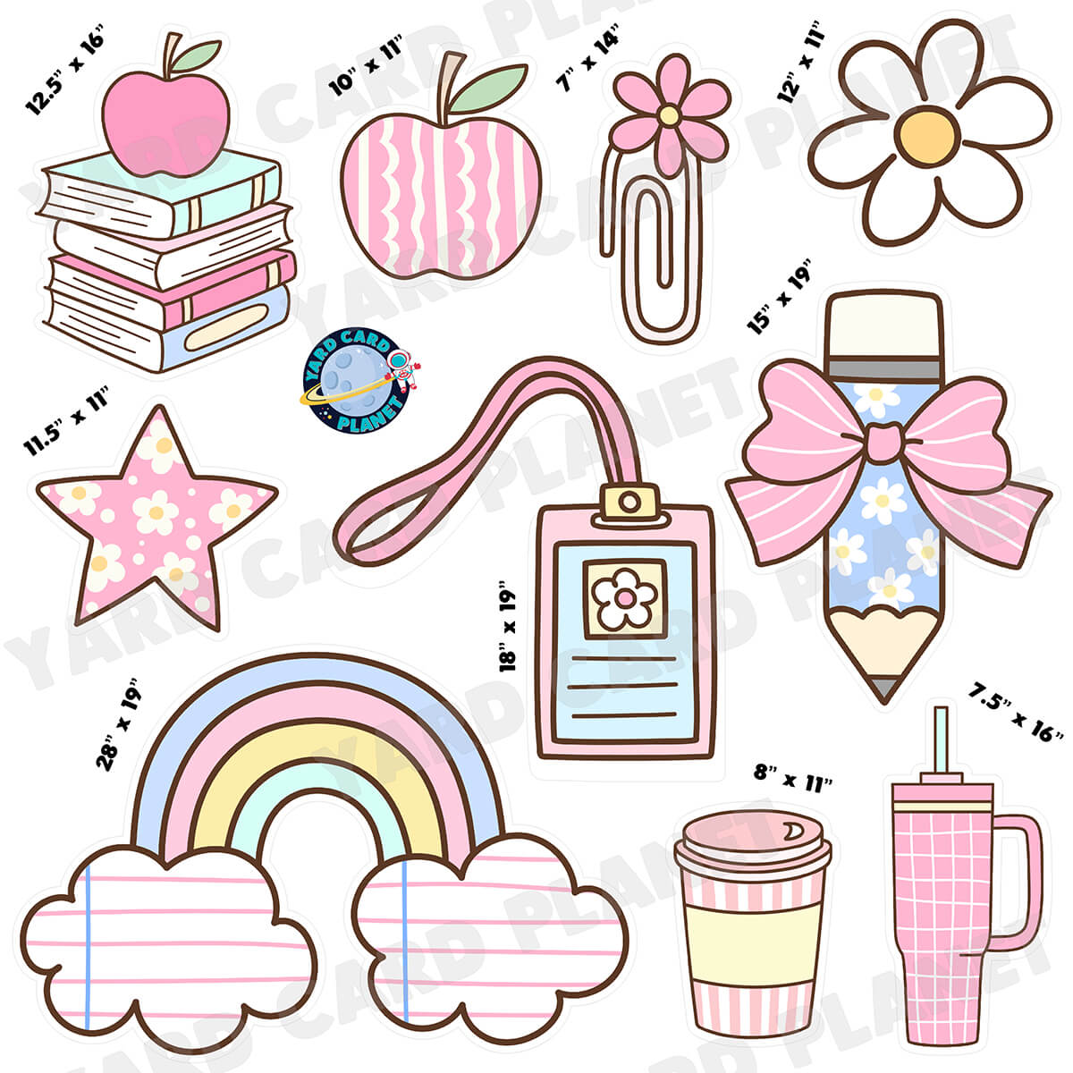 Preppy Pastel School Supplies Half Sheet Yard Card Flair Set