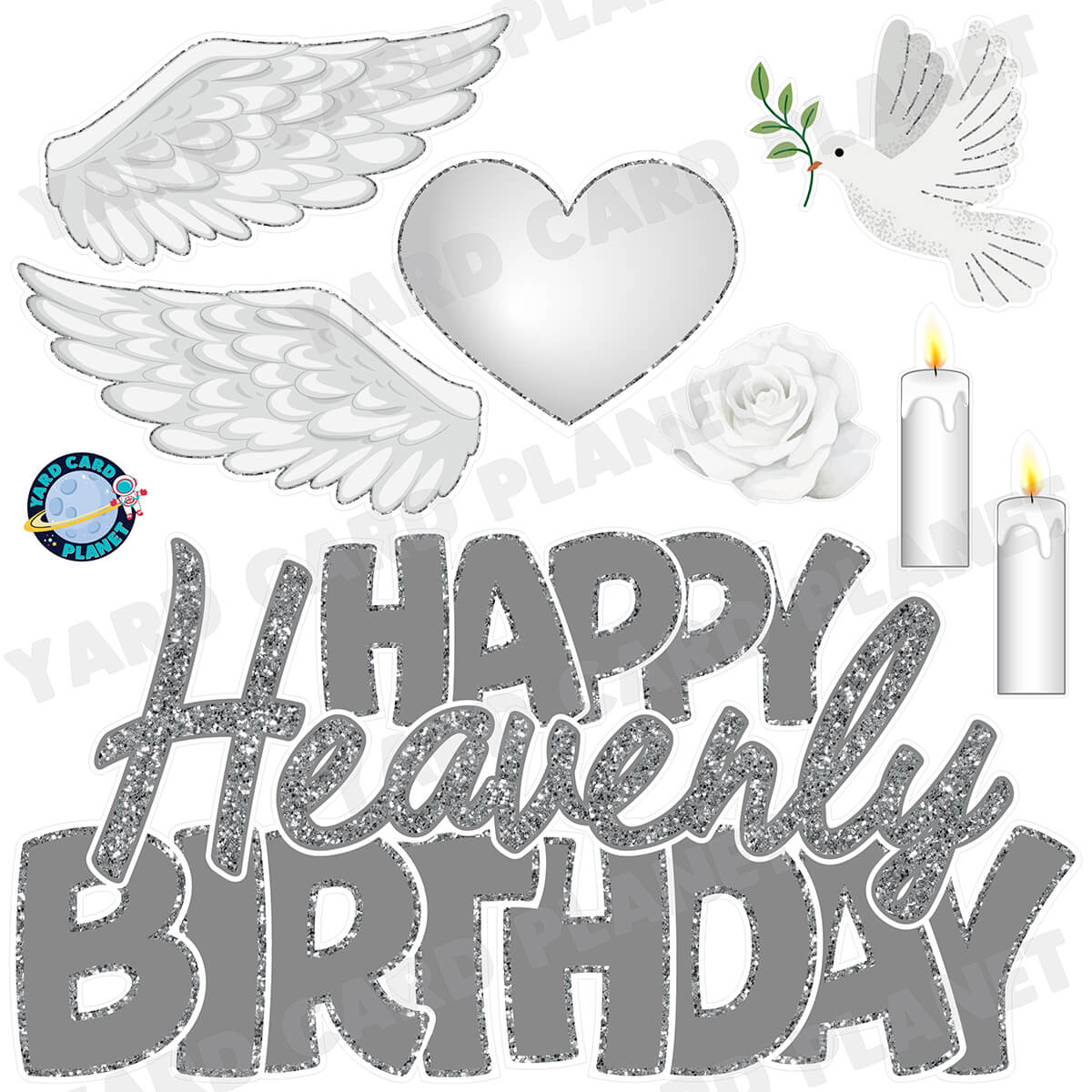 Silver Glitter Pattern Happy Heavenly Birthday Half Sheet EZ Quick Sign and Yard Card Flair Set