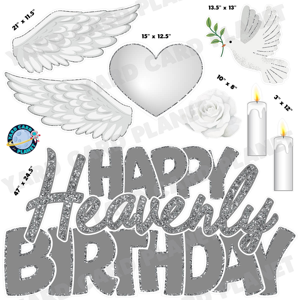 Silver Glitter Pattern Happy Heavenly Birthday Half Sheet EZ Quick Sign and Yard Card Flair Set