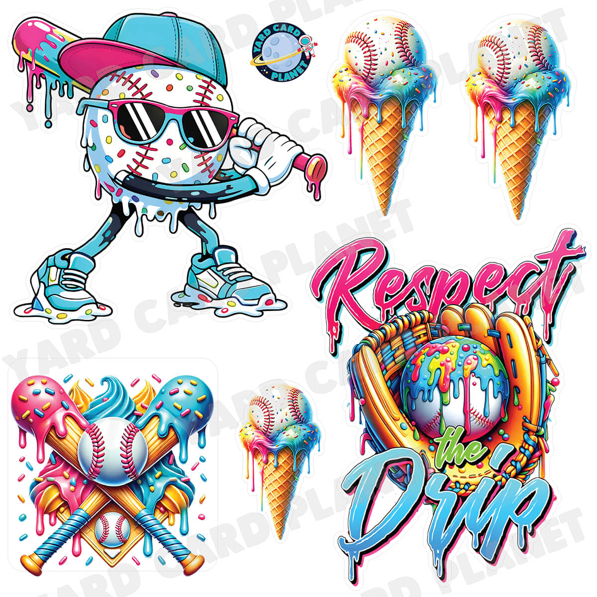 Baseball Ice Cream Half Sheet Yard Card Flair Set