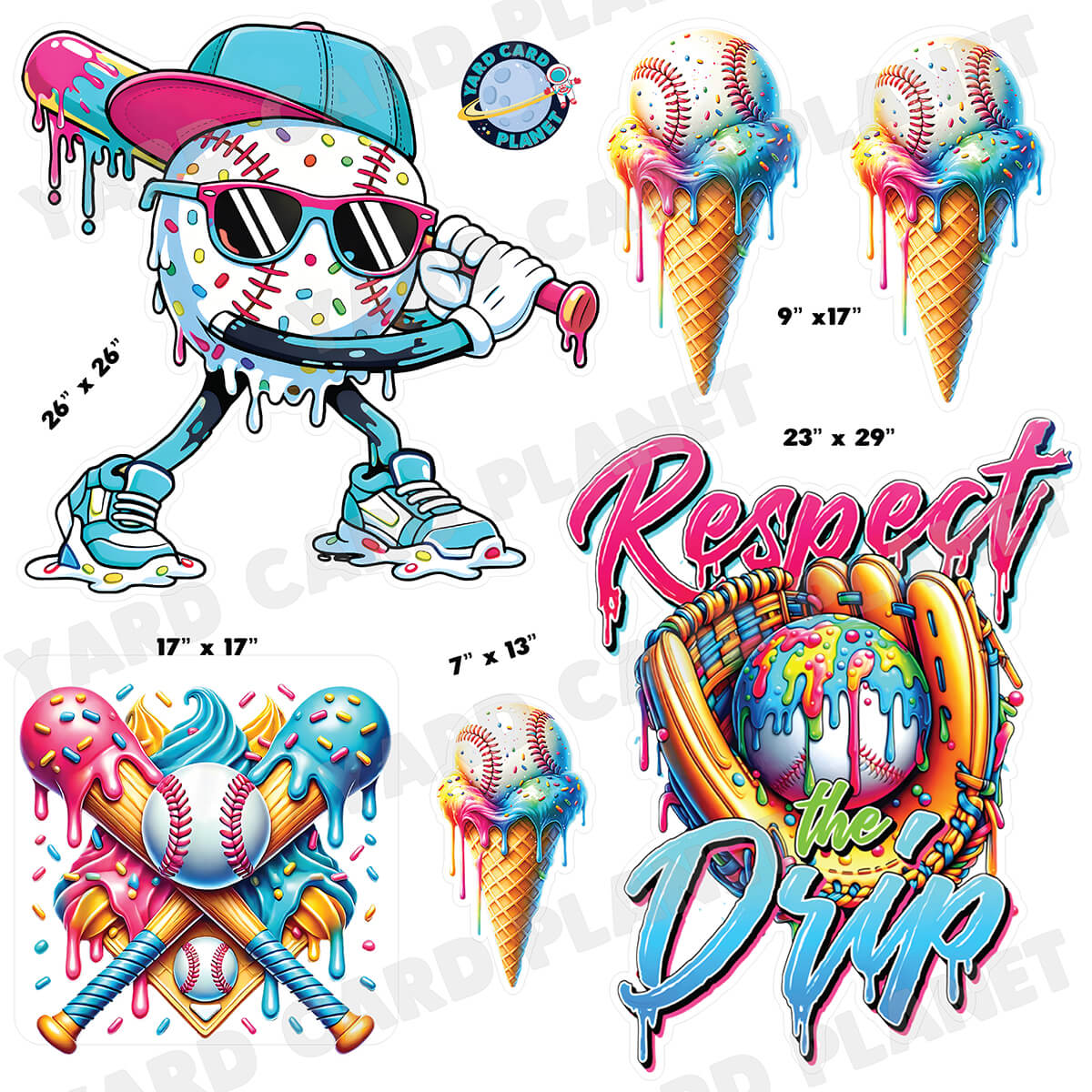Baseball Ice Cream Half Sheet Yard Card Flair Set