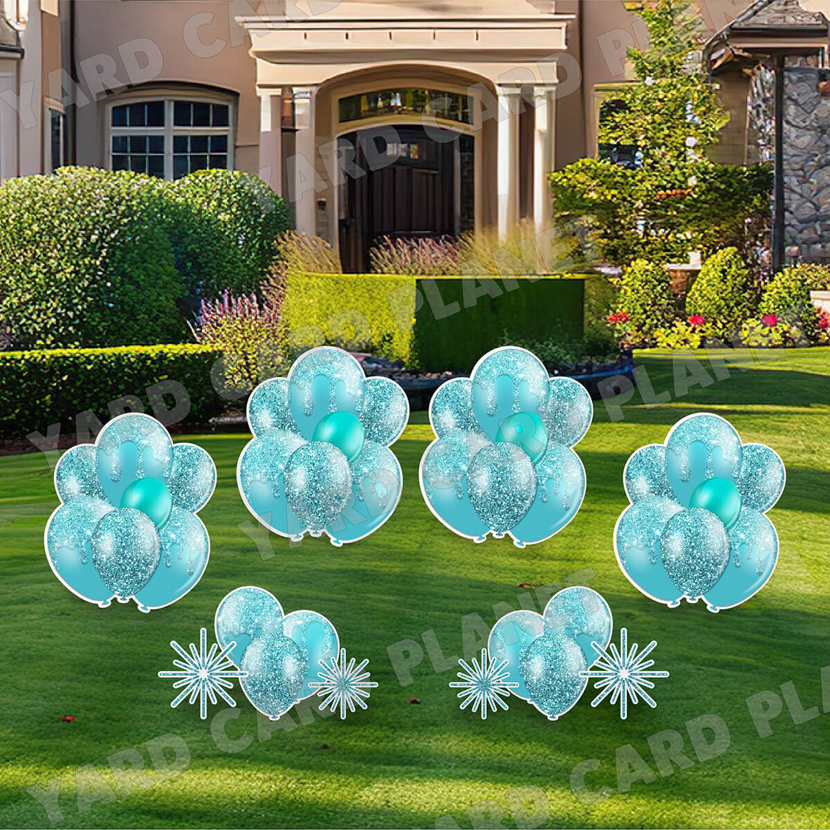 Teal Glitter Balloon Bouquets and Starbursts Yard Card Set