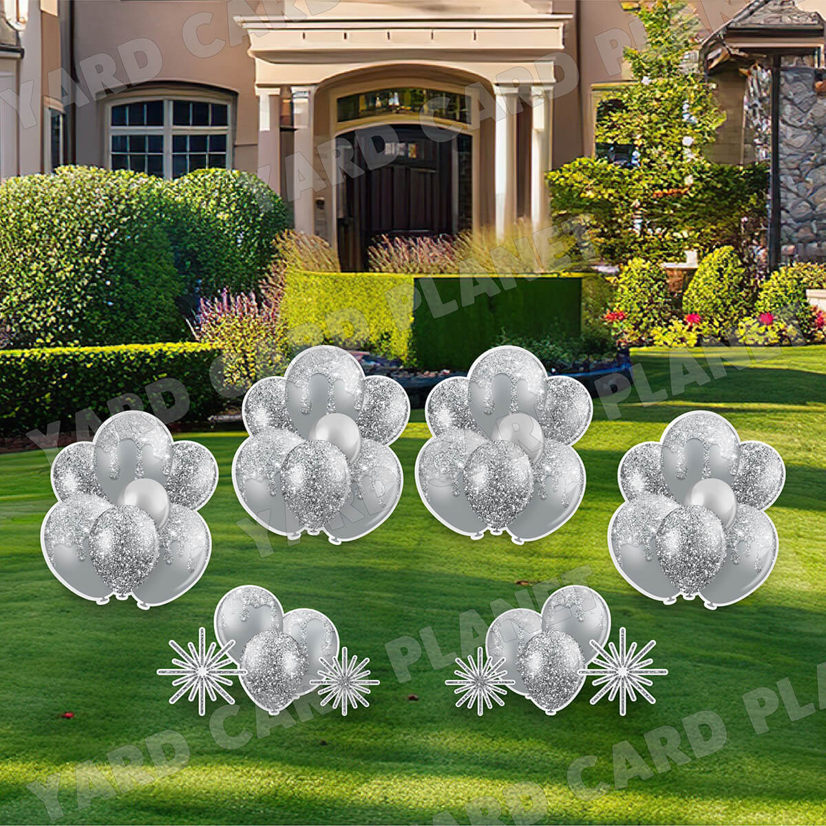 Silver Glitter Balloon Bouquets and Starbursts Yard Card Set