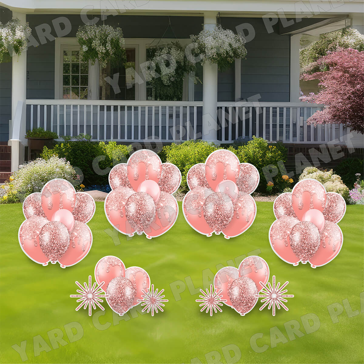 Rose Gold Glitter Balloon Bouquets and Starbursts Yard Card Set