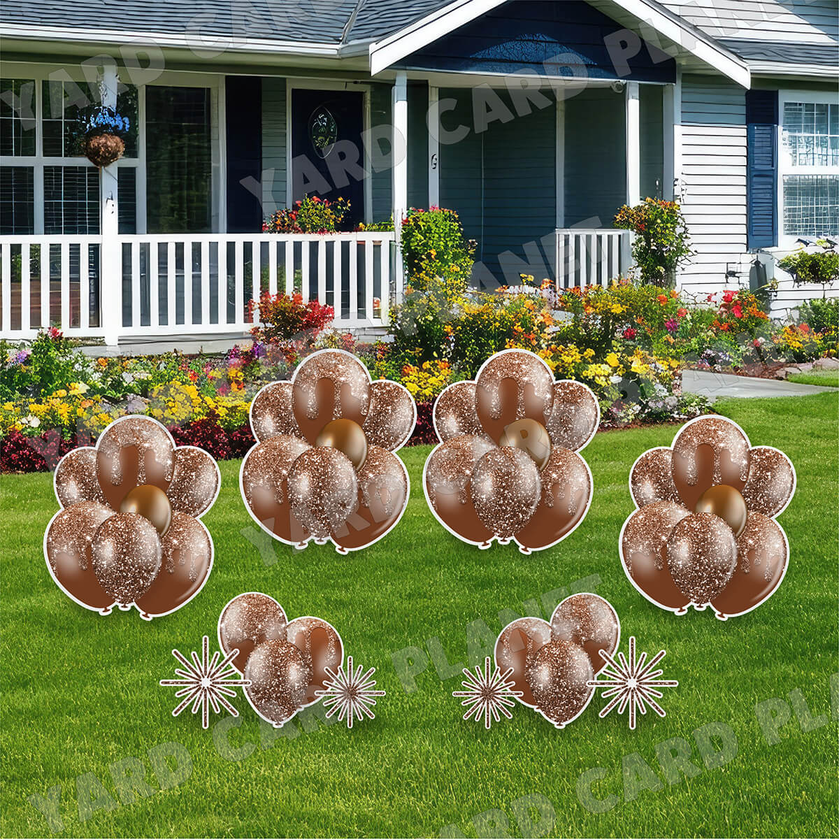Brown Glitter Balloon Bouquets and Starbursts Yard Card Set