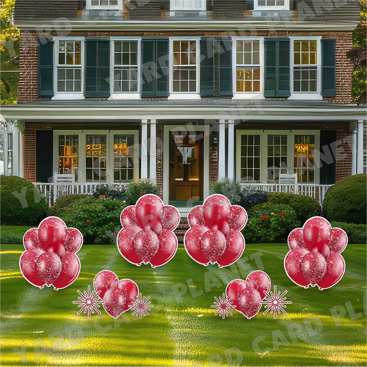 Maroon Glitter Balloon Bouquets and Starbursts Yard Card Set