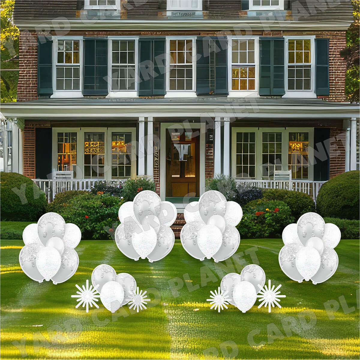 White with Silver Glitter Balloon Bouquets and Starbursts Yard Card Set