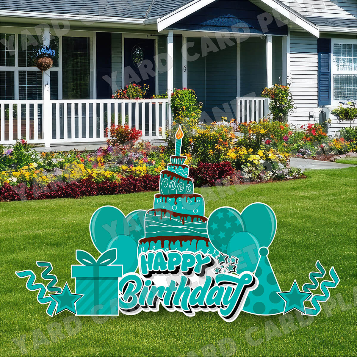 Teal Happy Birthday EZ Quick Sign and Birthday Essentials Yard Card Flair Set