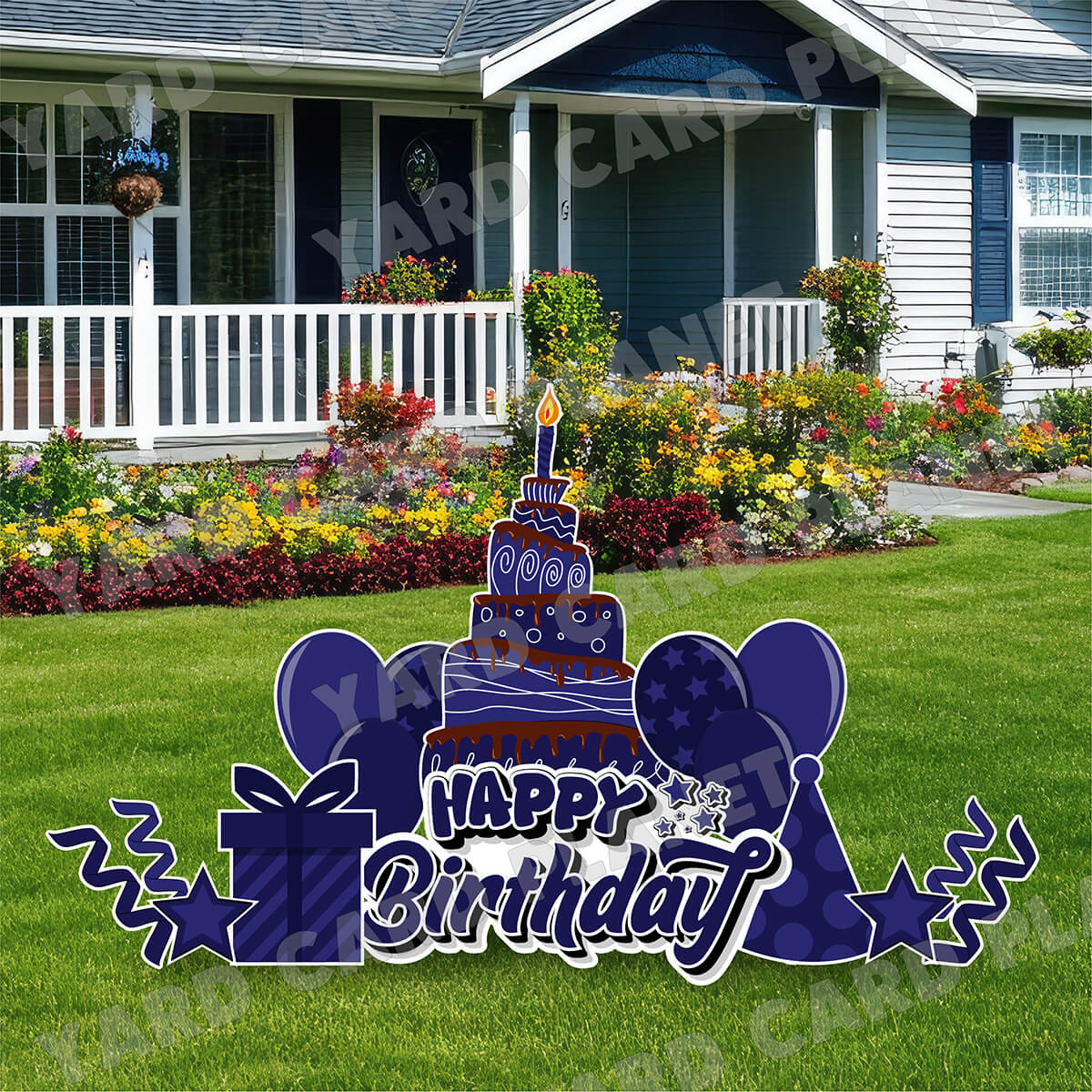 Navy Blue Happy Birthday EZ Quick Sign and Birthday Essentials Yard Card Flair Set