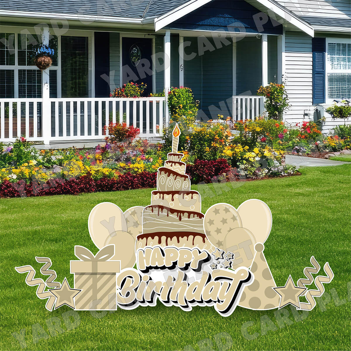 Tan Happy Birthday EZ Quick Sign and Birthday Essentials Yard Card Flair Set
