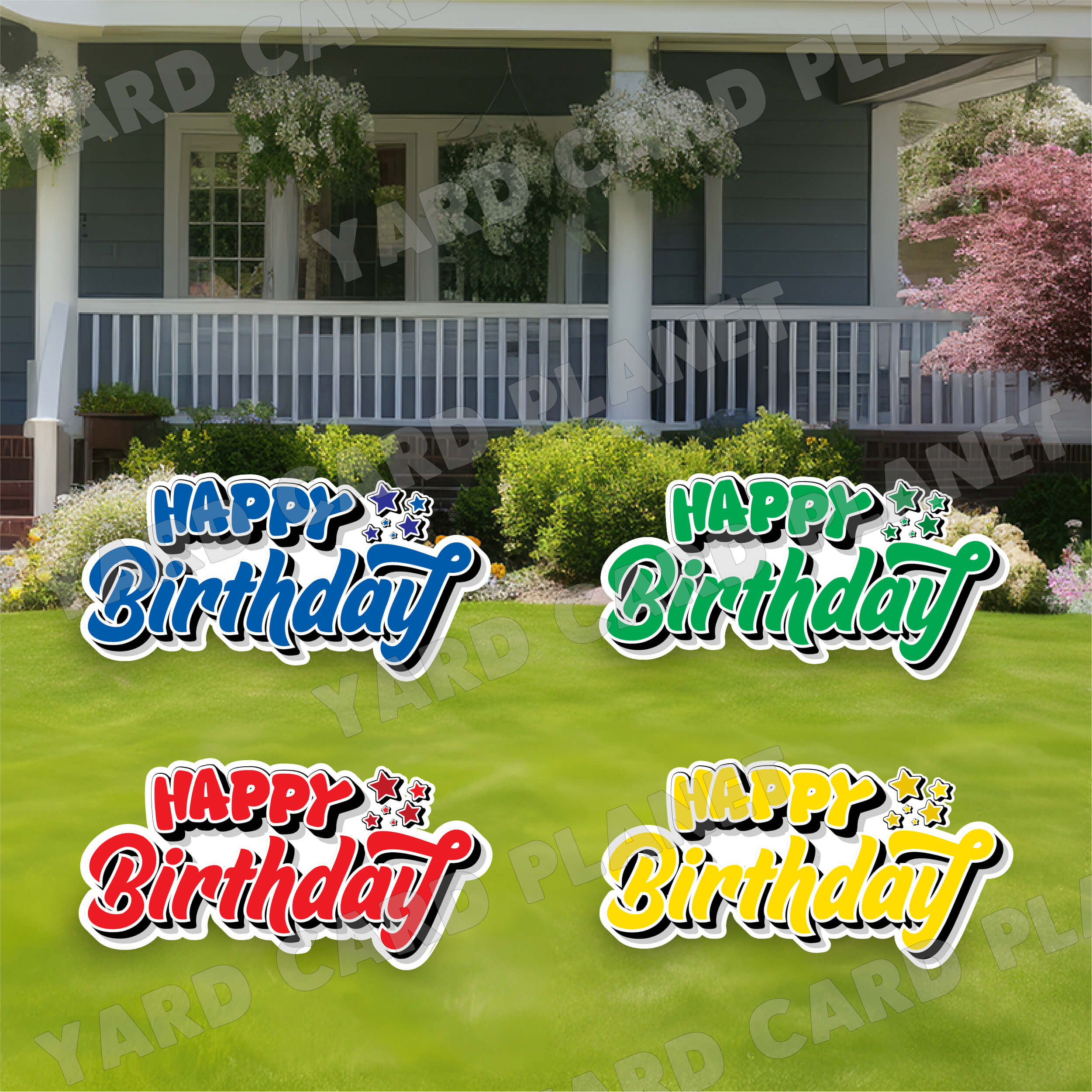 Happy Birthday EZ Quick Signs in Solid Blue, Red, Green and Yellow Yard Card Set